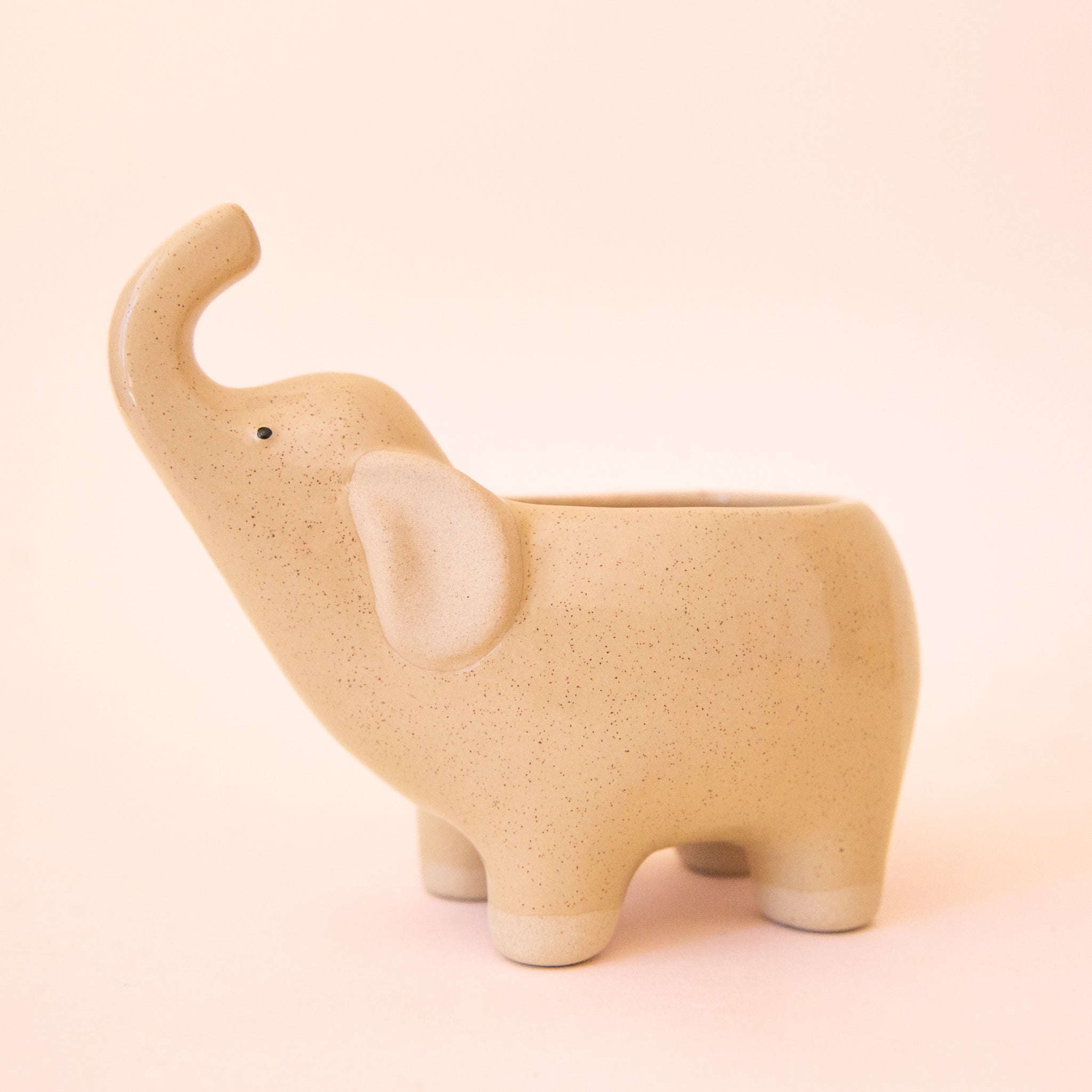 A cream speckled ceramic elephant planter. 