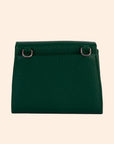 A dark green wallet with a removable crossbody strap. 