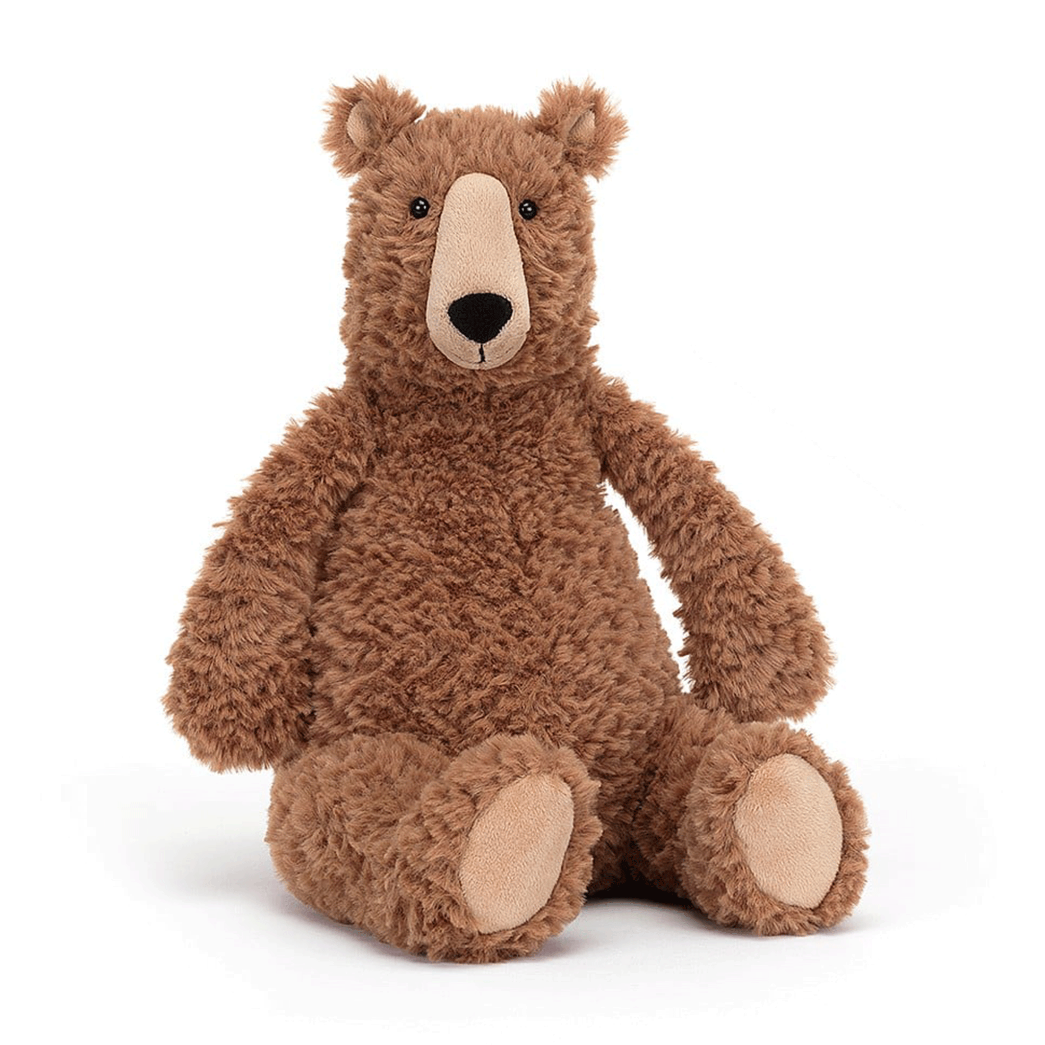 On a white background is a cuddly brown bear stuffed toy. 