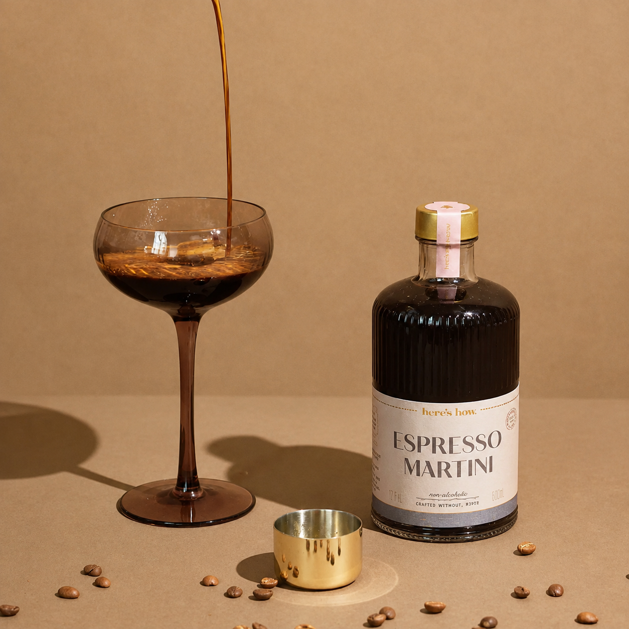 A glass bottle of espresso martini cocktail mix with text that reads, 'Espresso Martini'. 