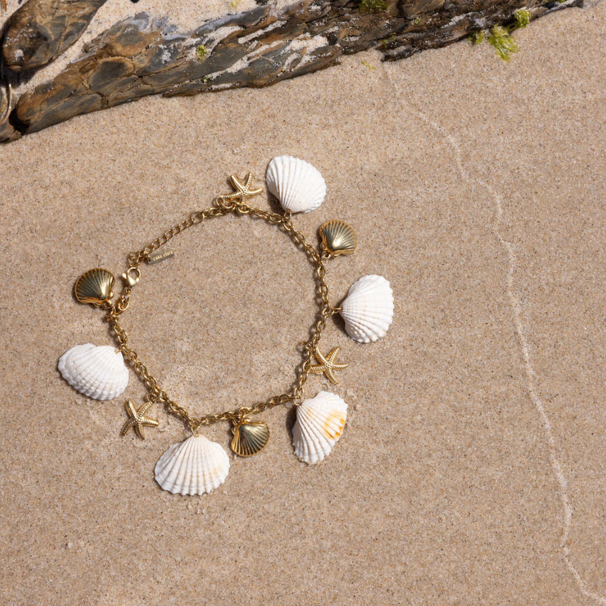 A gold chain anklet with gold and natural shell and starfish shaped charms. 