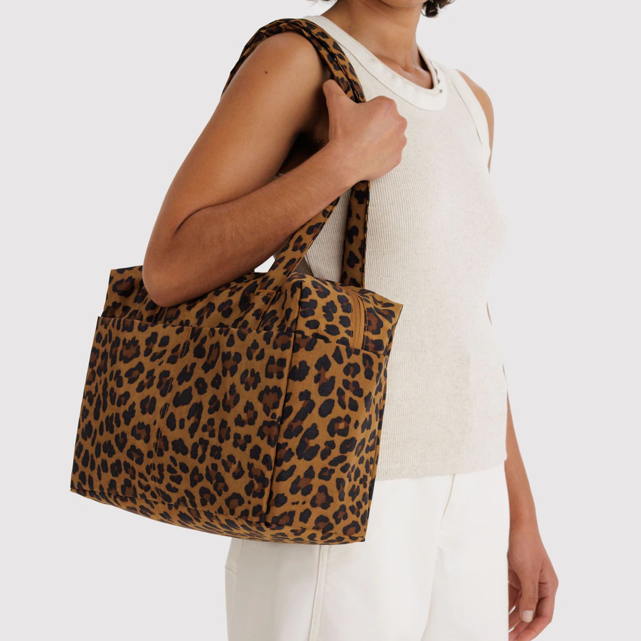 A leopard print nylon tote bag. 