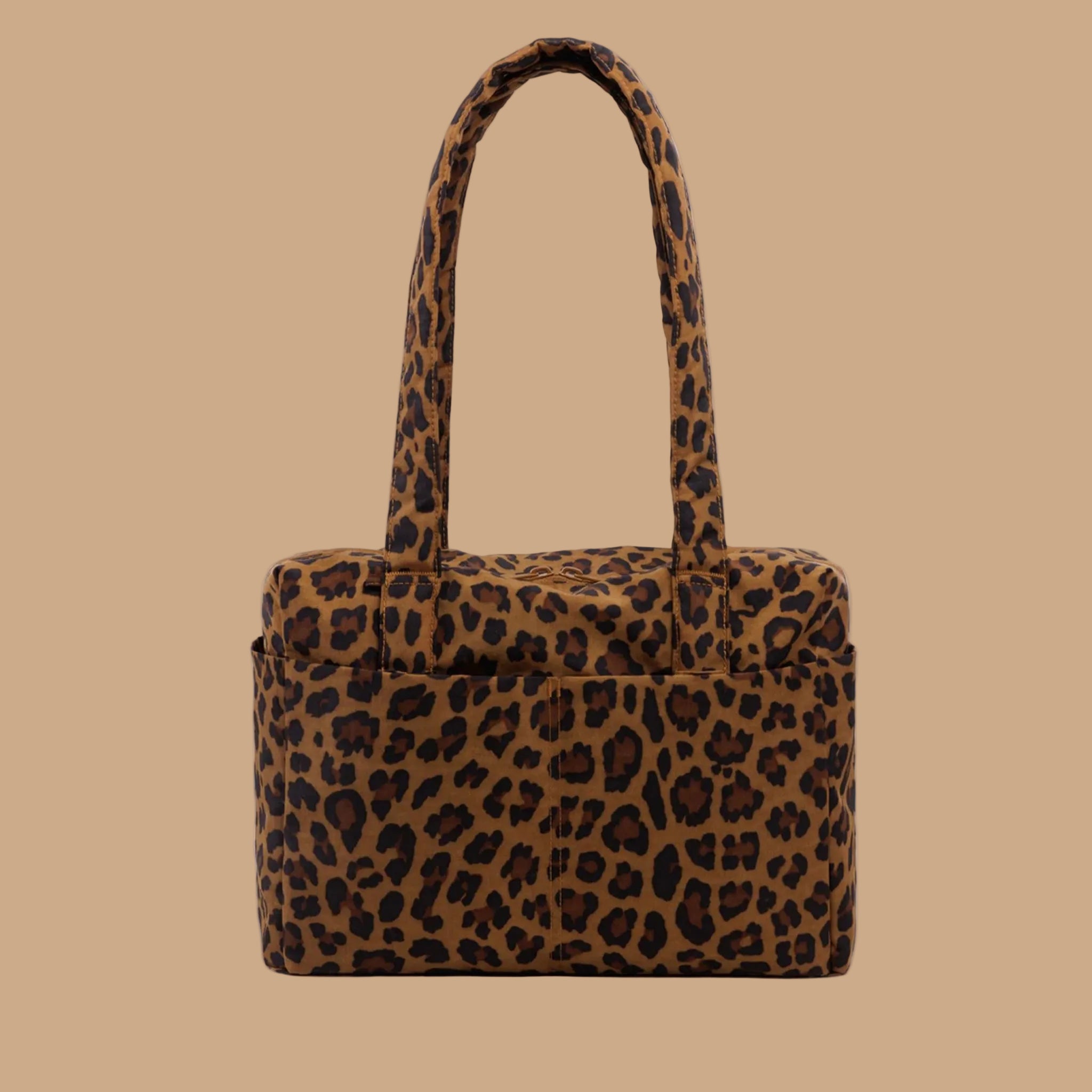 A leopard print nylon tote bag. 