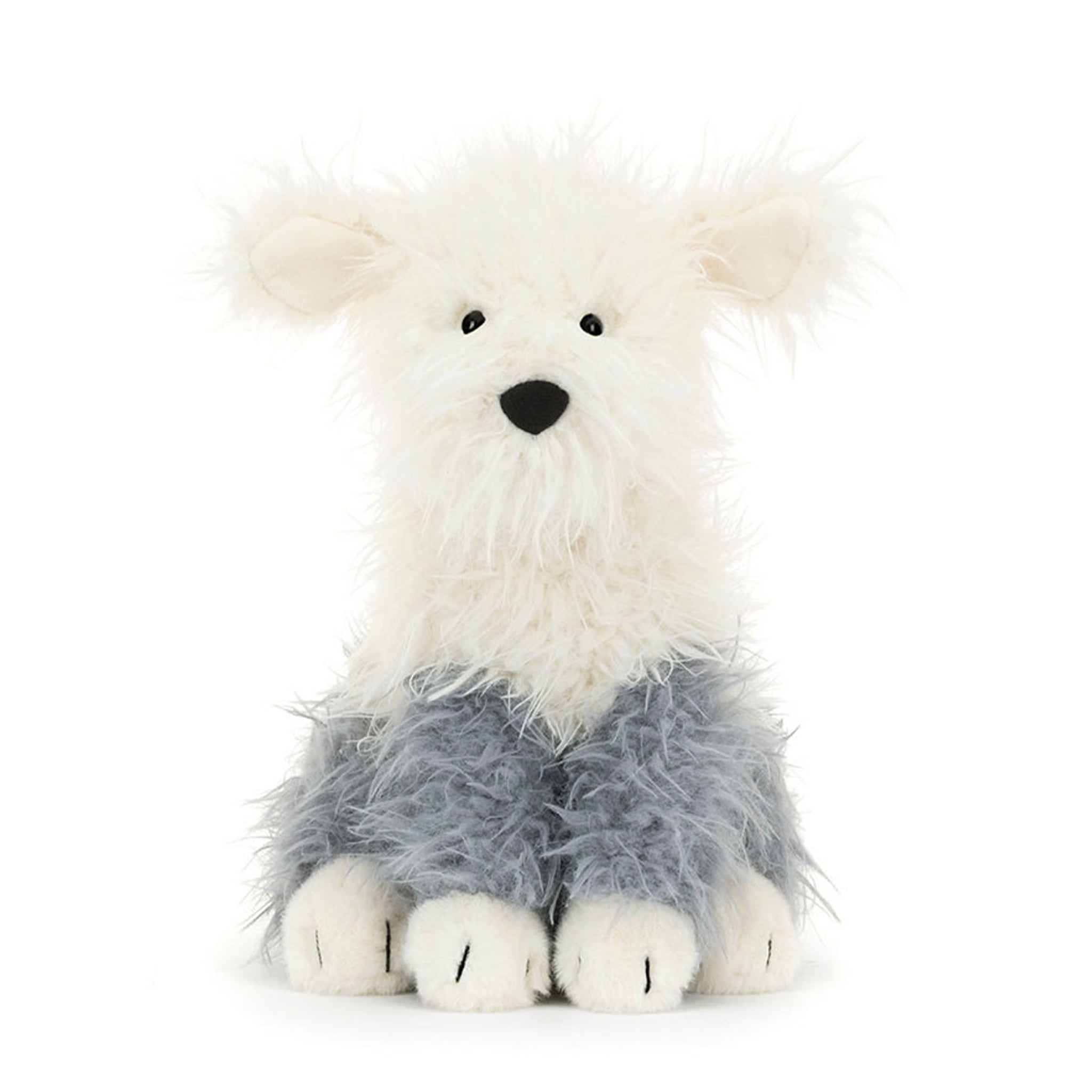 A cream and grey sheepdog shaped stuffed animal toy. 