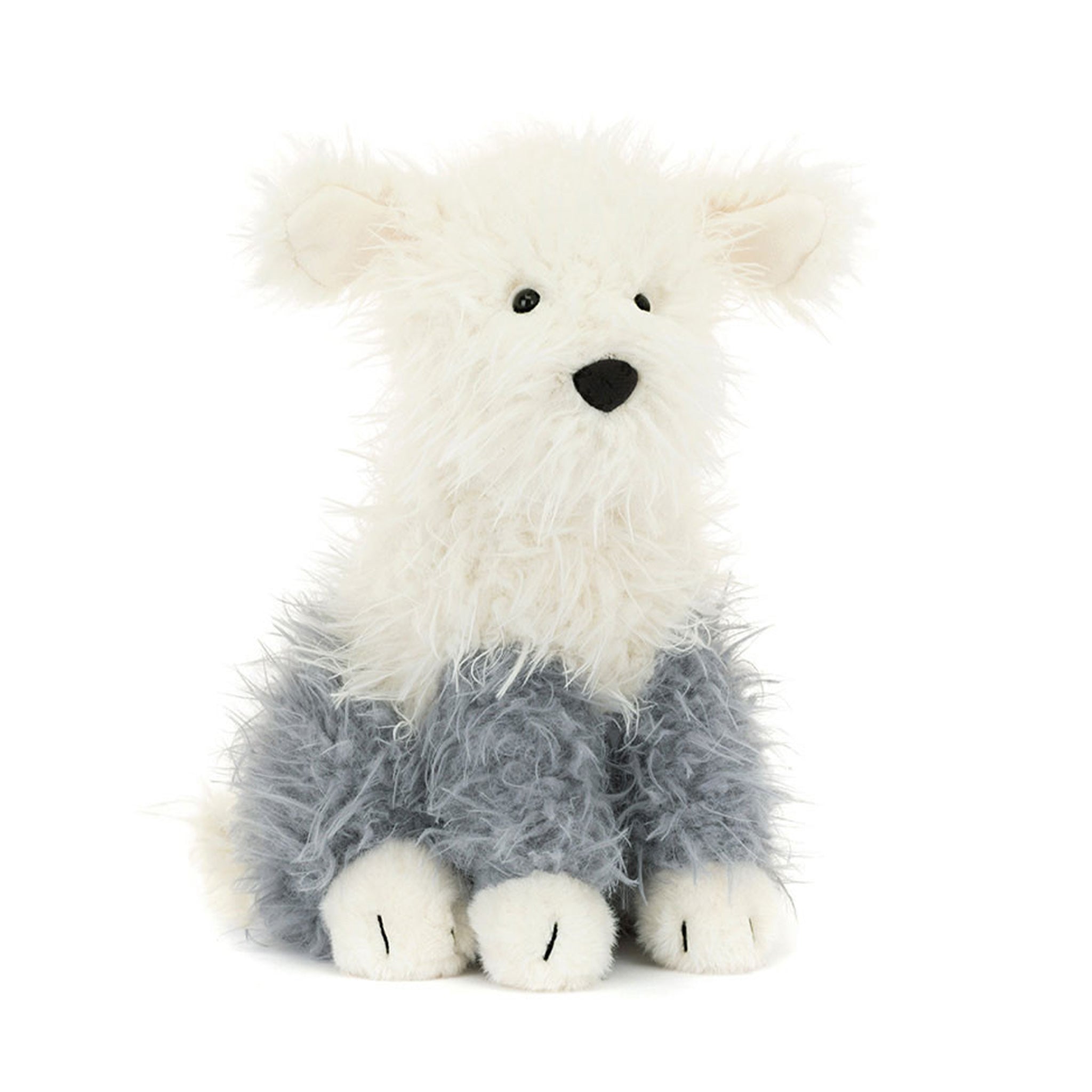 A cream and grey sheepdog shaped stuffed animal toy. 