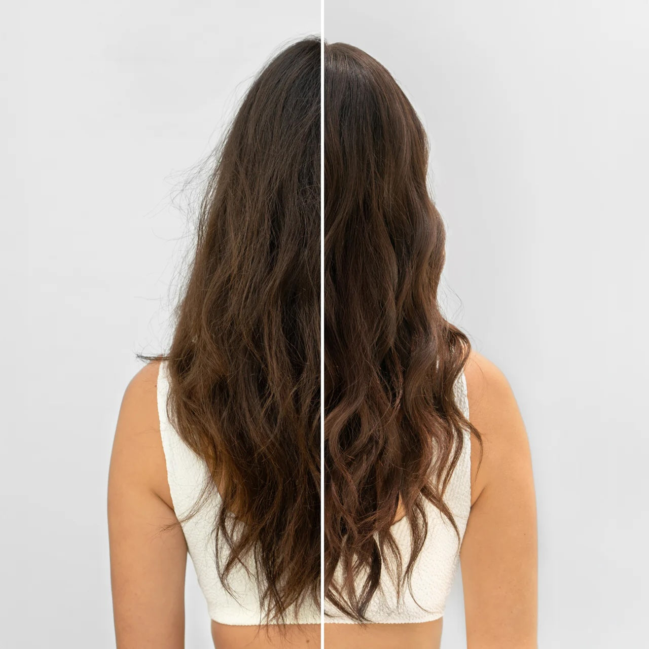 Split-screen back view of a woman’s long brown hair: left side looks frizzier and less defined, right side appears smoother with more defined waves, against a light gray background.