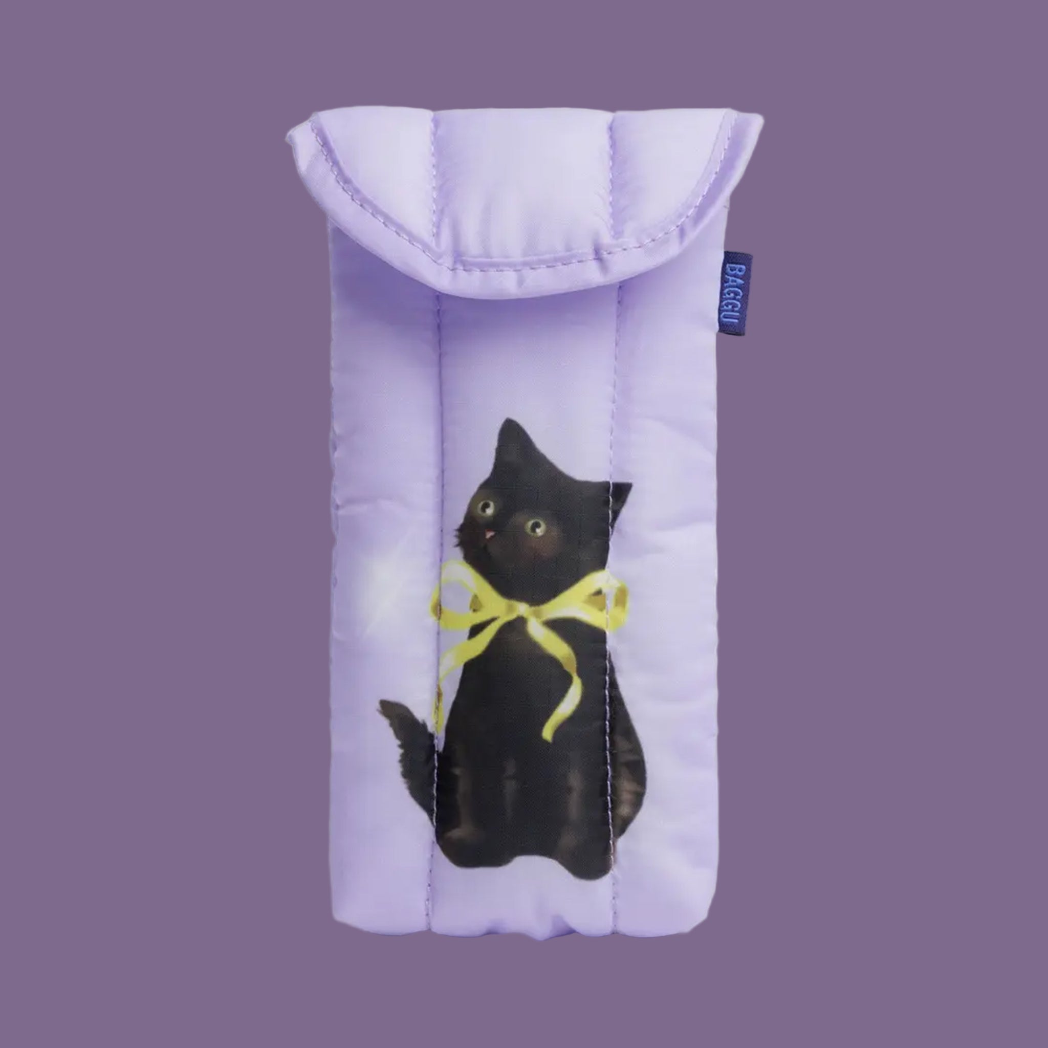 A lilac purple puffy sleeve case with a cat graphic on the front and back. 