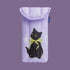A lilac purple puffy sleeve case with a cat graphic on the front and back. 