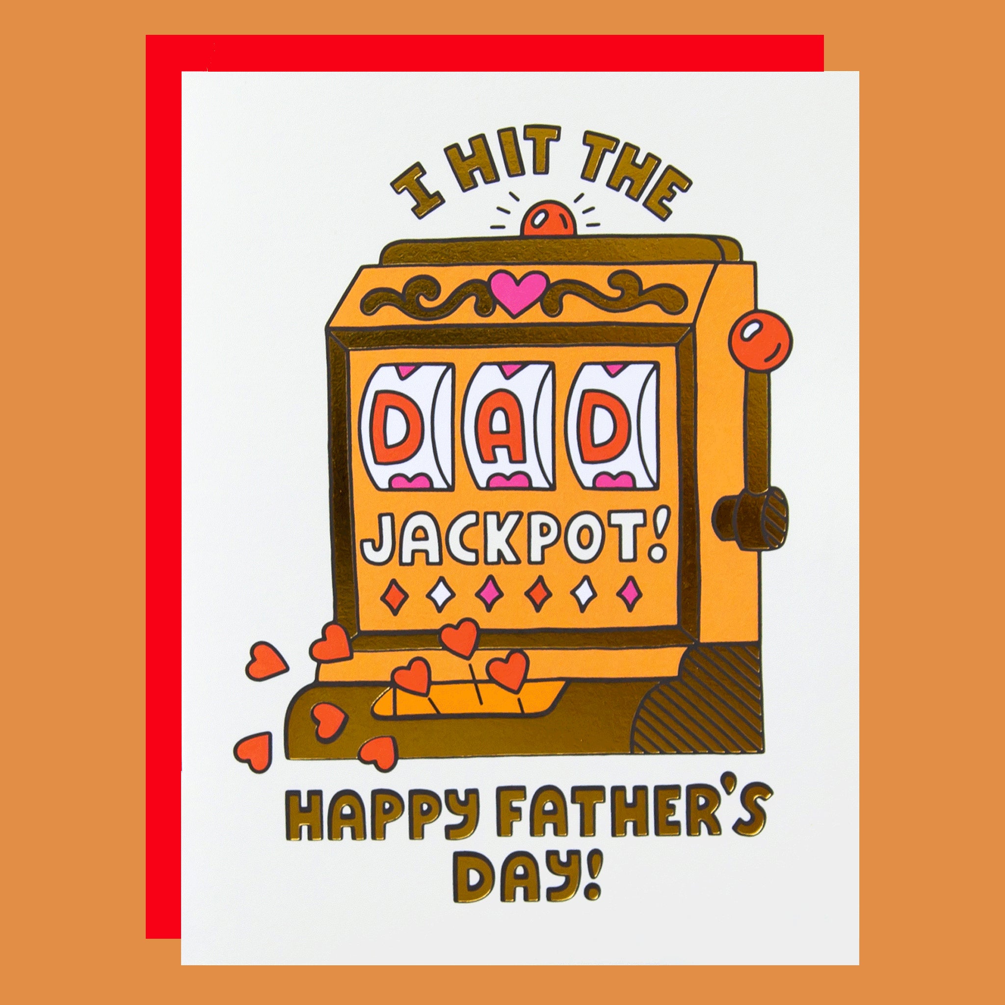 Father's Day card with slot machine design and text 'I hit the dad jackpot! Happy Father's Day!' on a white background.