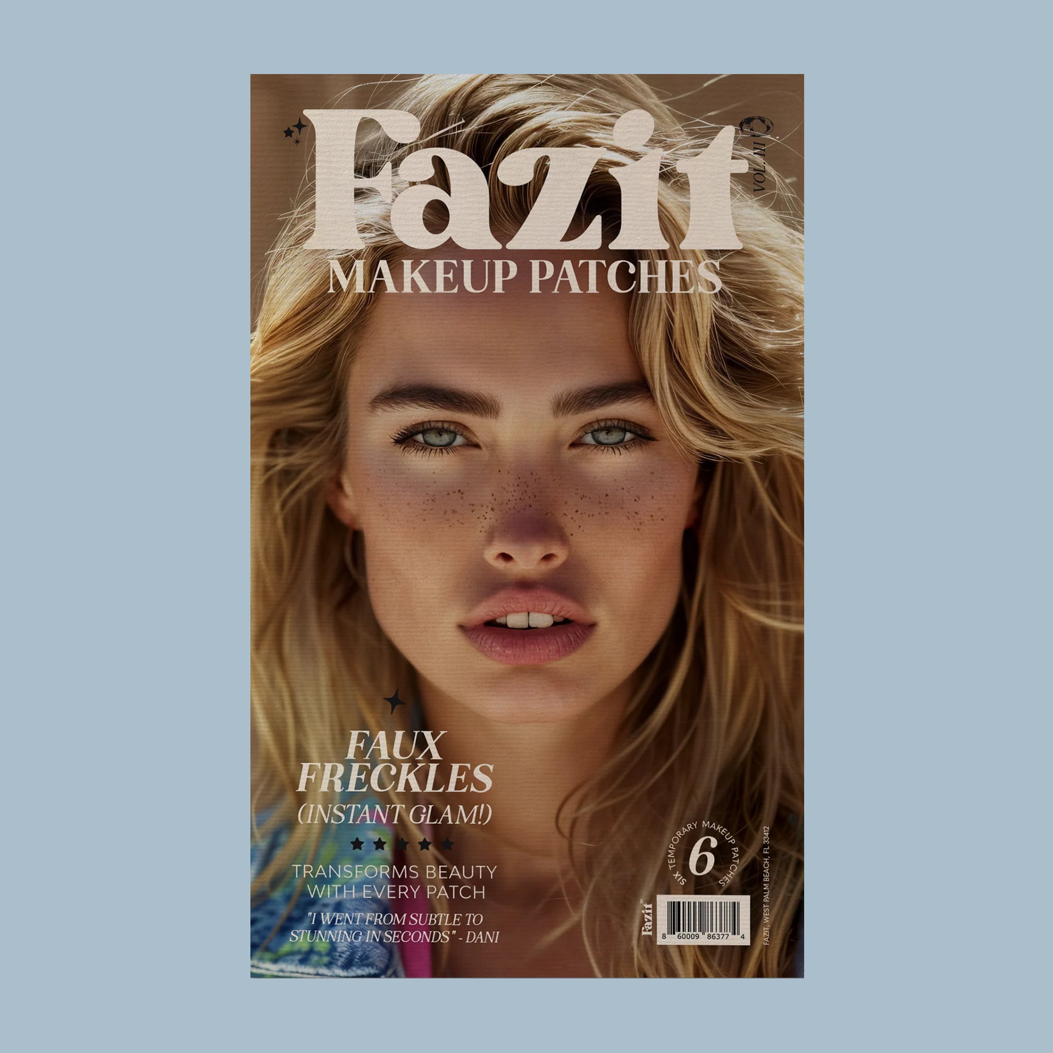 A set of faux freckle makeup patches. "Fazit Makeup Patches Faux Freckles (Instant Glam!). Transforms Beauty With Every Patch". 