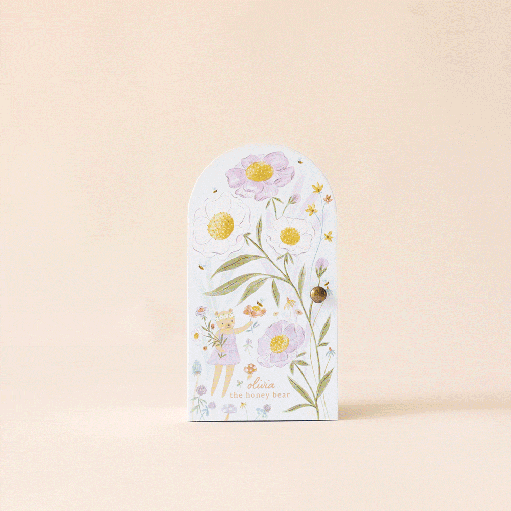 The tiny bear in an arched box. 