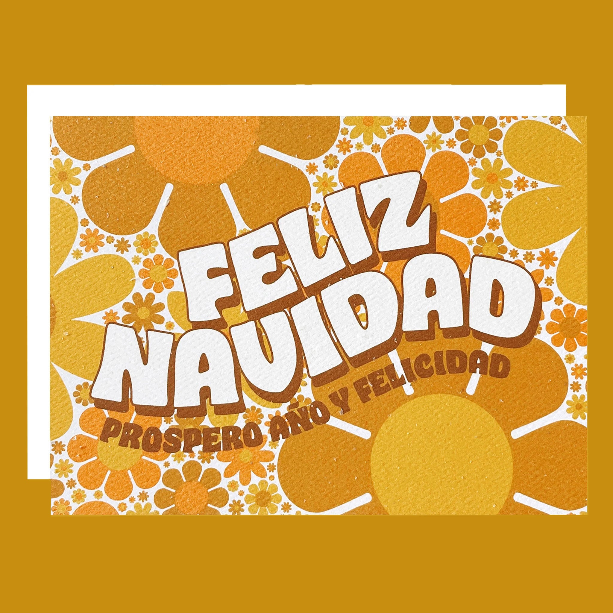 Greeting card filled with yellow and orange retro flower print. The card reads 'Feliz Navidad' in white curved bubble letters. 