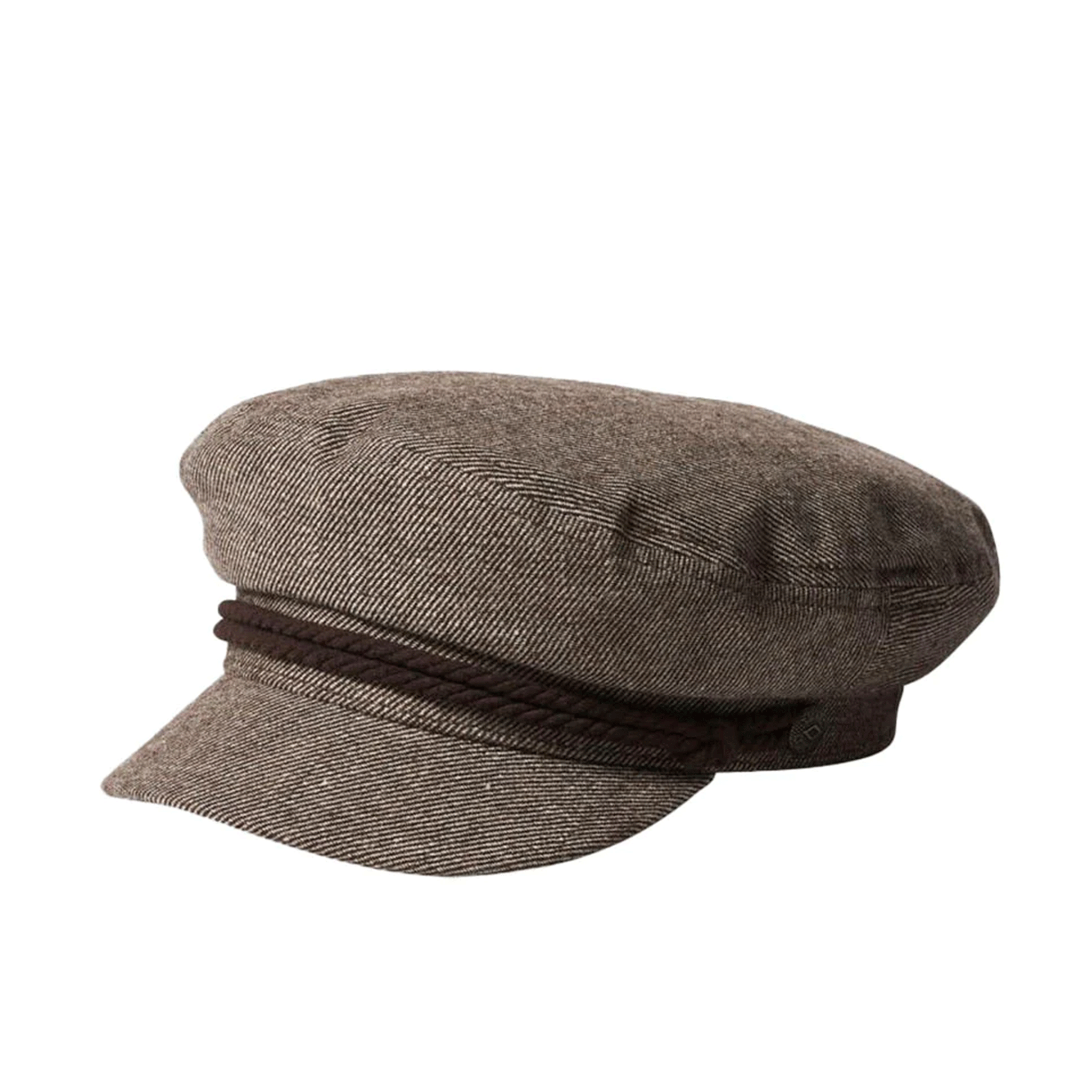 On a white background is a brown fiddler hat with a rope detail across the front. 