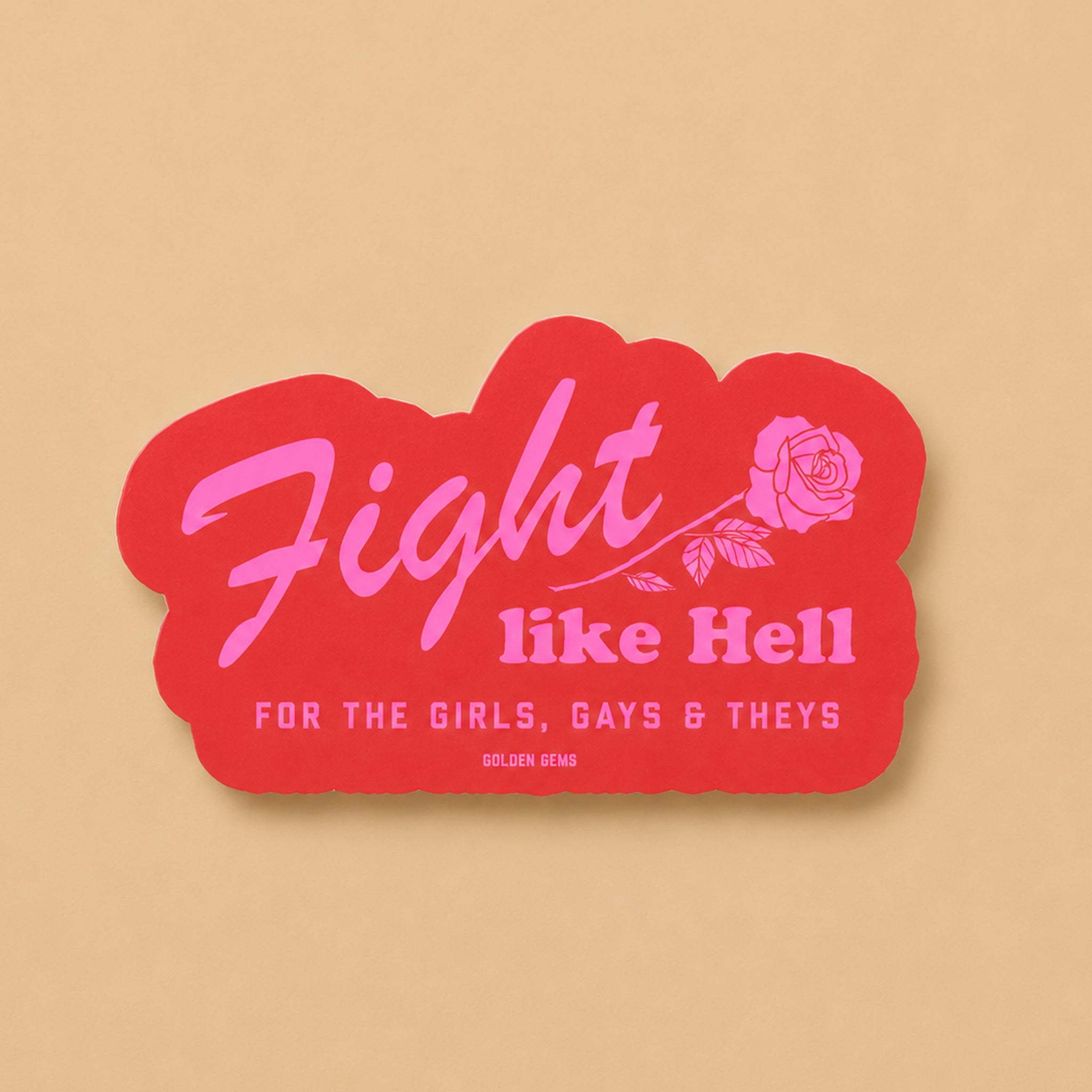 Red and pink sticker with text 'Fight like Hell for the girls, gays &amp; theys' on a beige background