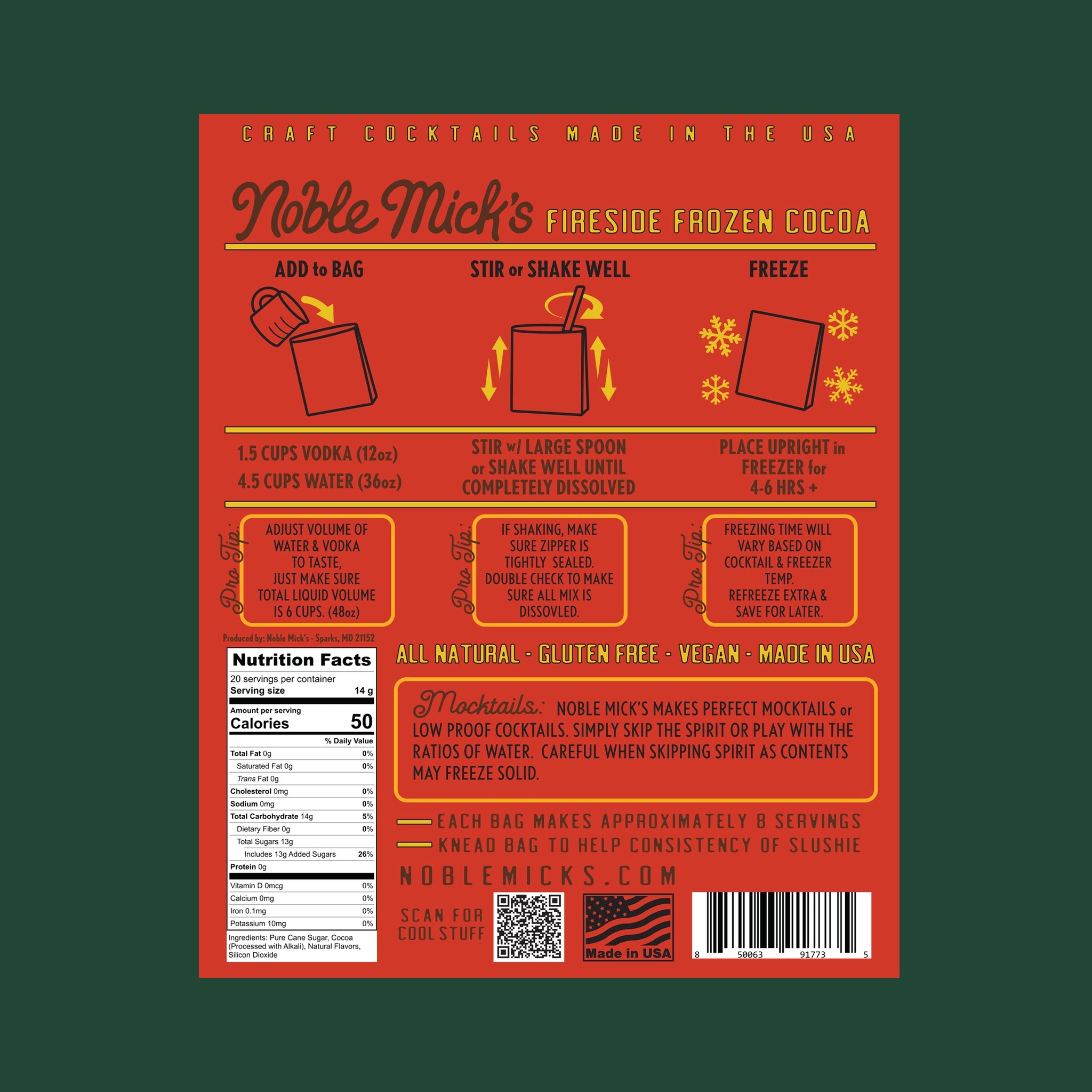 A red bag of frozen cocoa mix, "No Blenders Ever Fireside Frozen Cocoa Frozen Cocktails". 