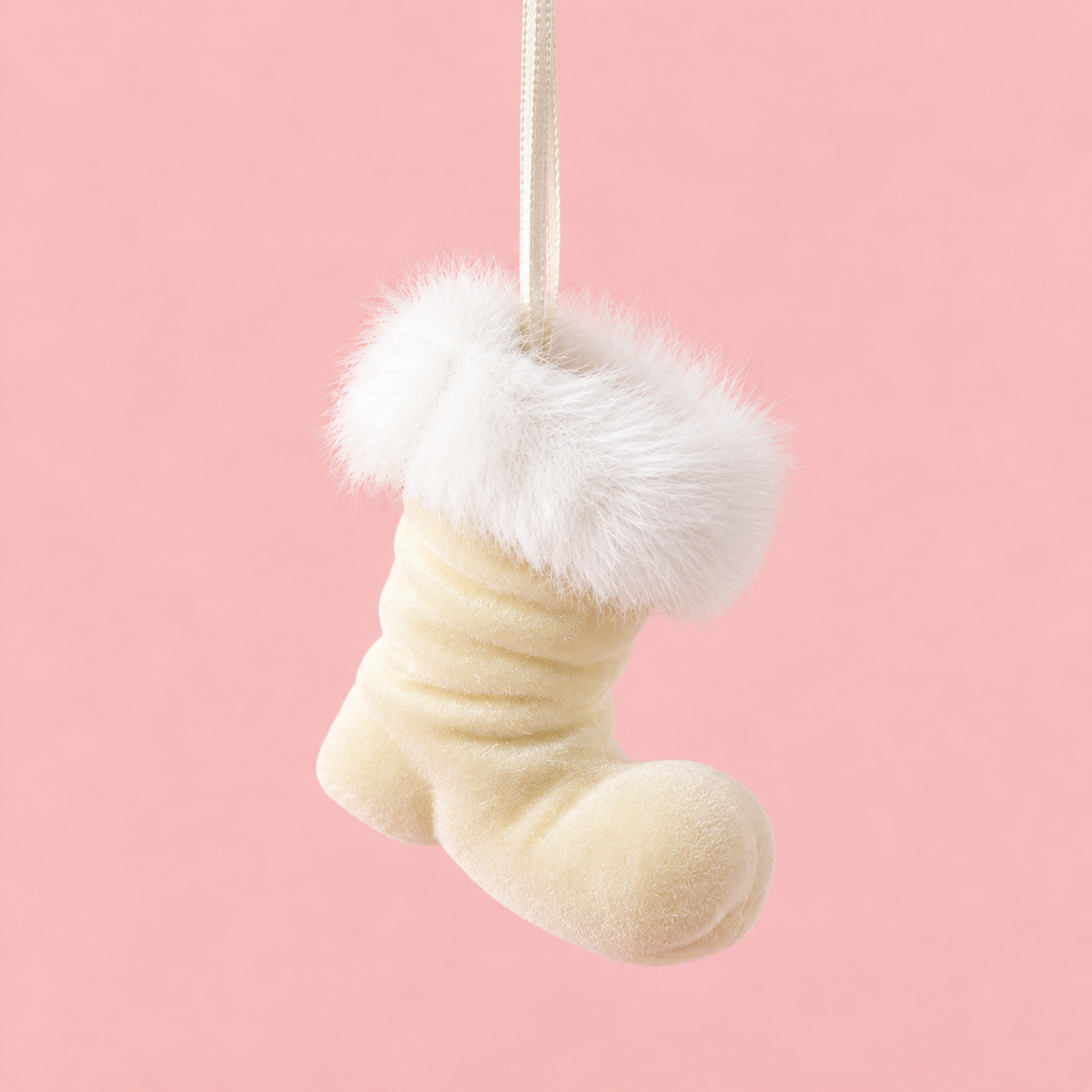 A small Christmas boot shaped ornament in cream with a fluffy white faux-fur trim, hanging from a white ribbon against a solid pink background.