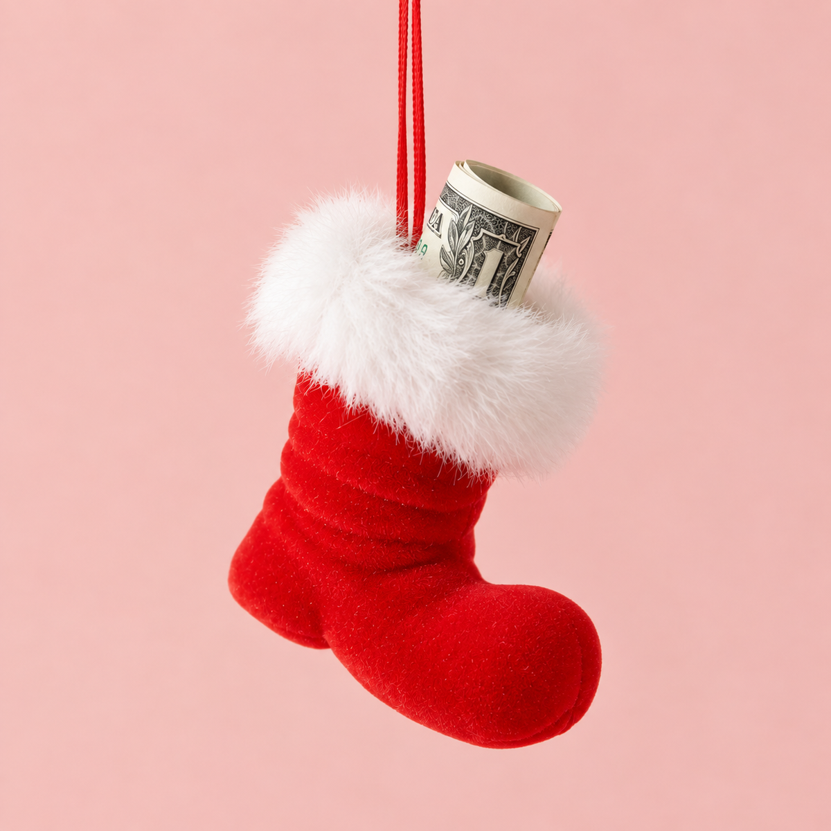 a red flocked boot ornament. 