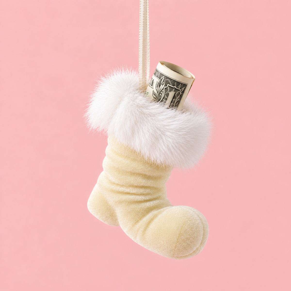 A small Christmas boot shaped ornament in cream with a fluffy white faux-fur trim, hanging from a white ribbon against a solid pink background.