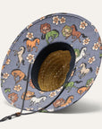 A neutral straw sun hat with a blue, orange, ivory and tan floral and bronco print. 