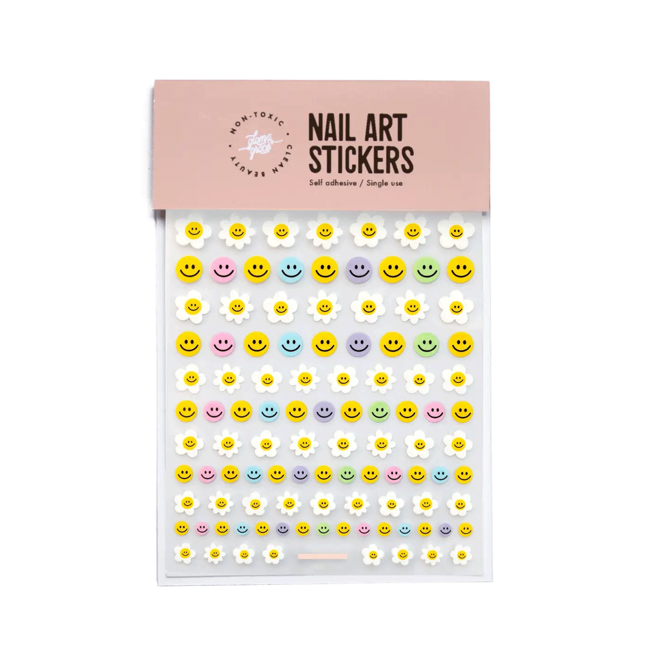 On a white background is a packet of yellow, pink, blue, green and purple smiley face and daisy smiley face nail stickers. 