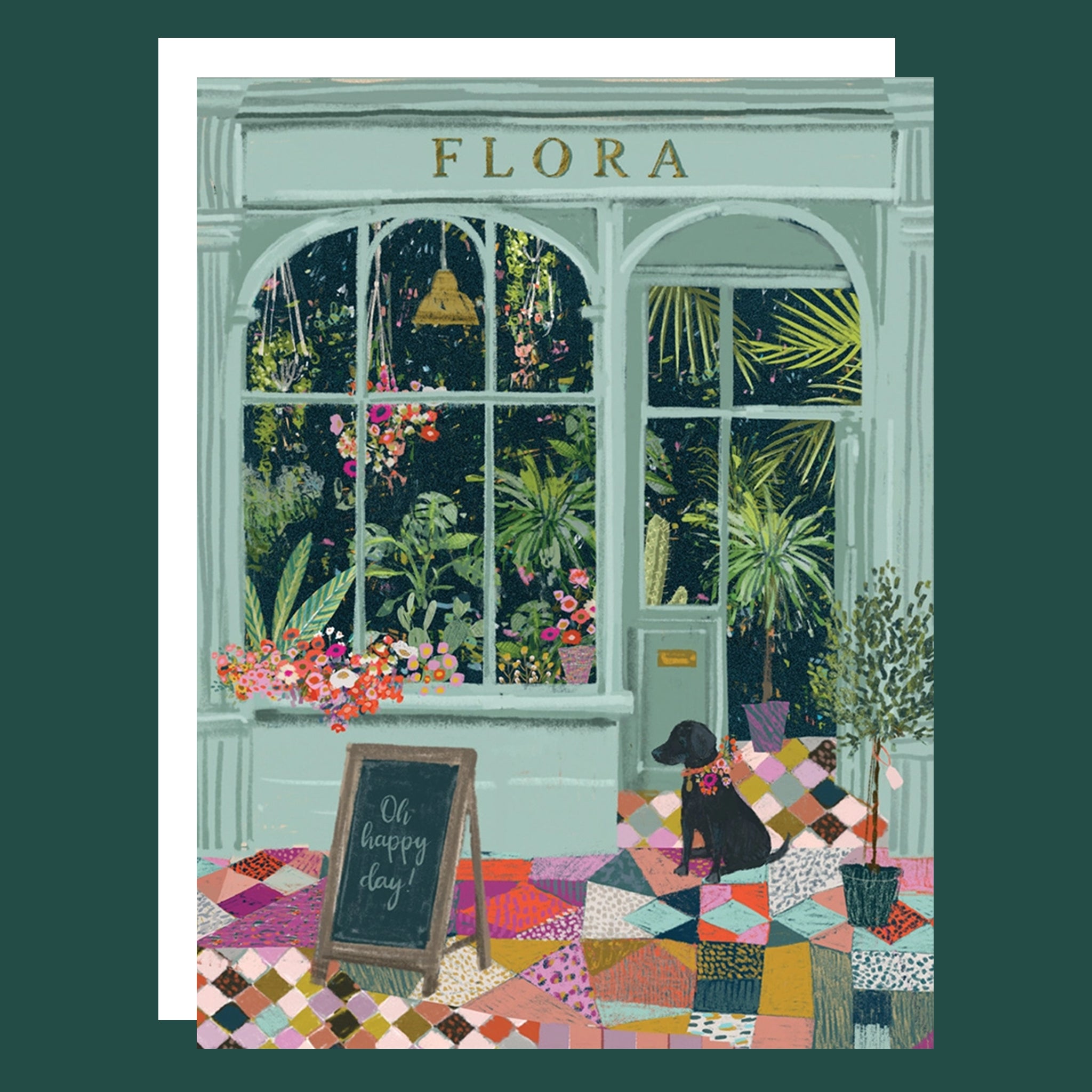 Greeting card that details the front of a flower shop. The card has plants and flowers, along with a dog and a sign that reads "Oh Happy Day!"