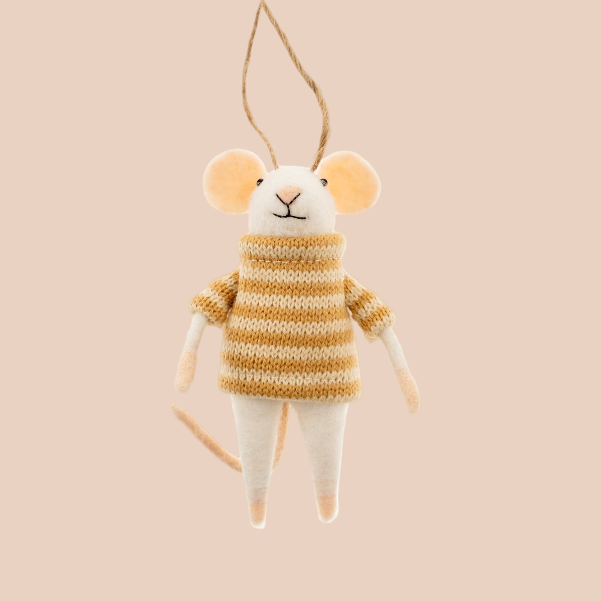 A white mouse shaped felt ornament wearing a yellow striped sweater. 