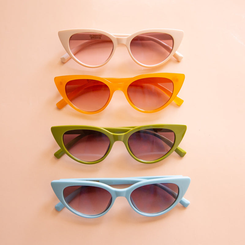 All the colorways of the Frenchie sunglasses lined up in a photo. 