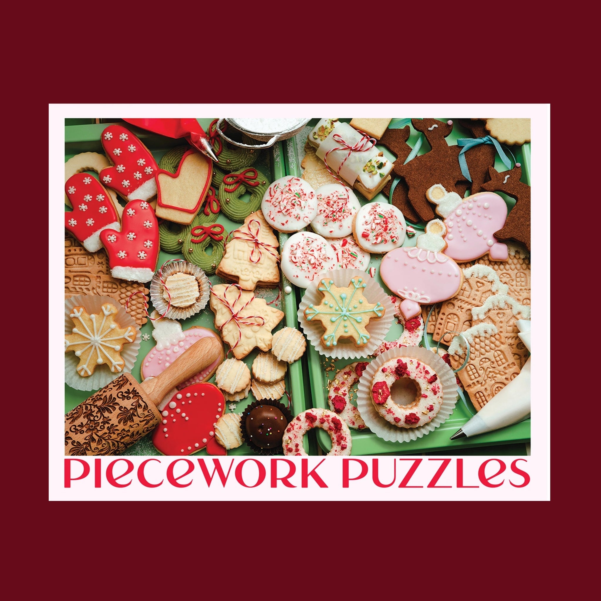 A puzzle box with a frosted cookie image and text that reads, "Frost Yourself Piecework Puzzles".