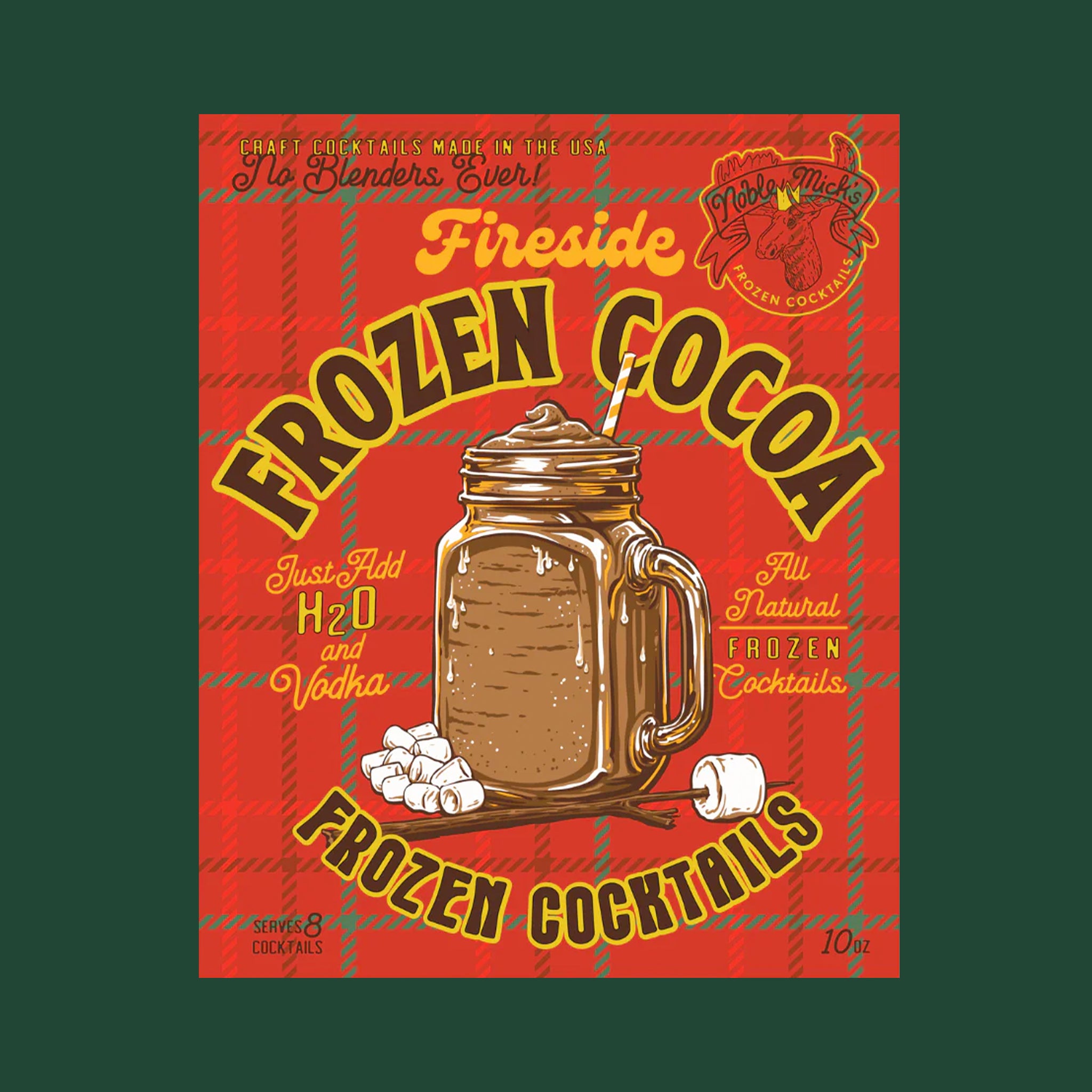 A red bag of frozen cocoa mix, "No Blenders Ever Fireside Frozen Cocoa Frozen Cocktails". 