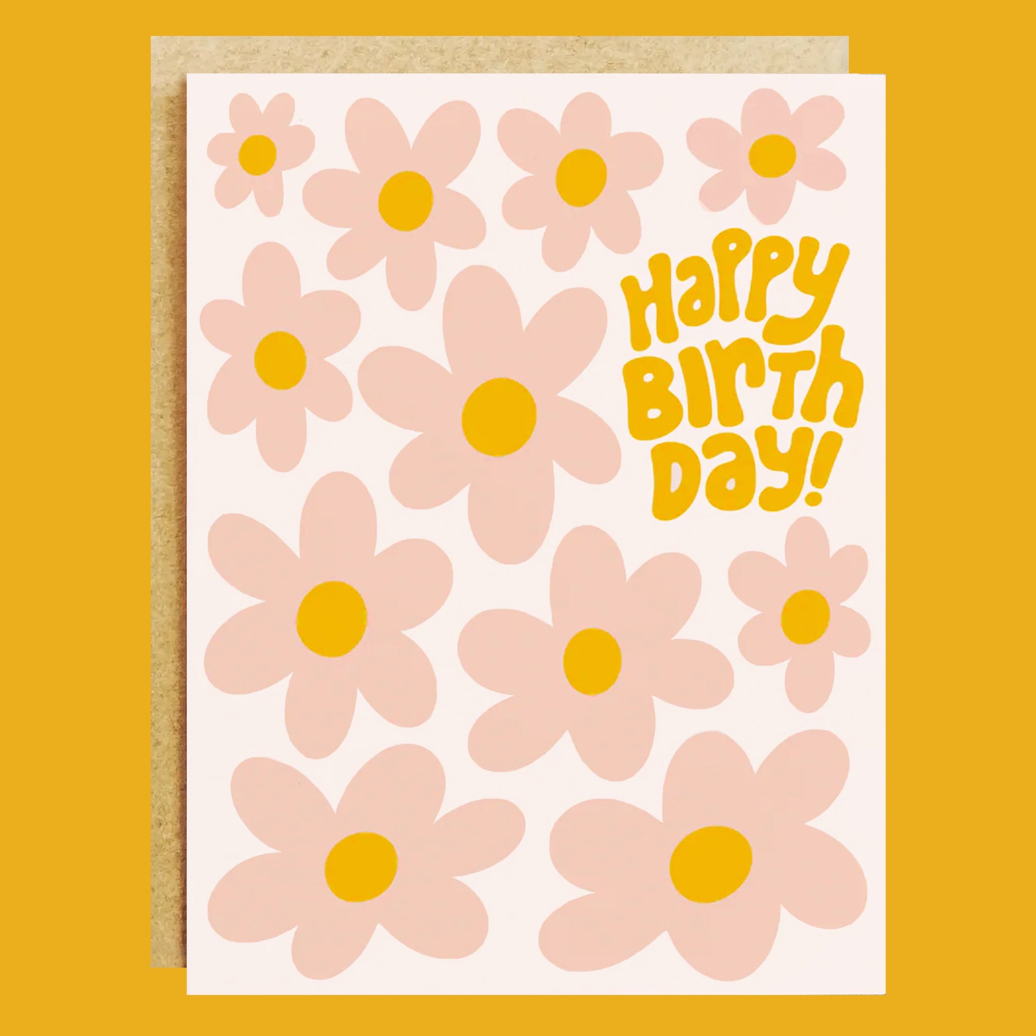 Greeting card with pink flowers and 'Happy Birthday!' text on a yellow background