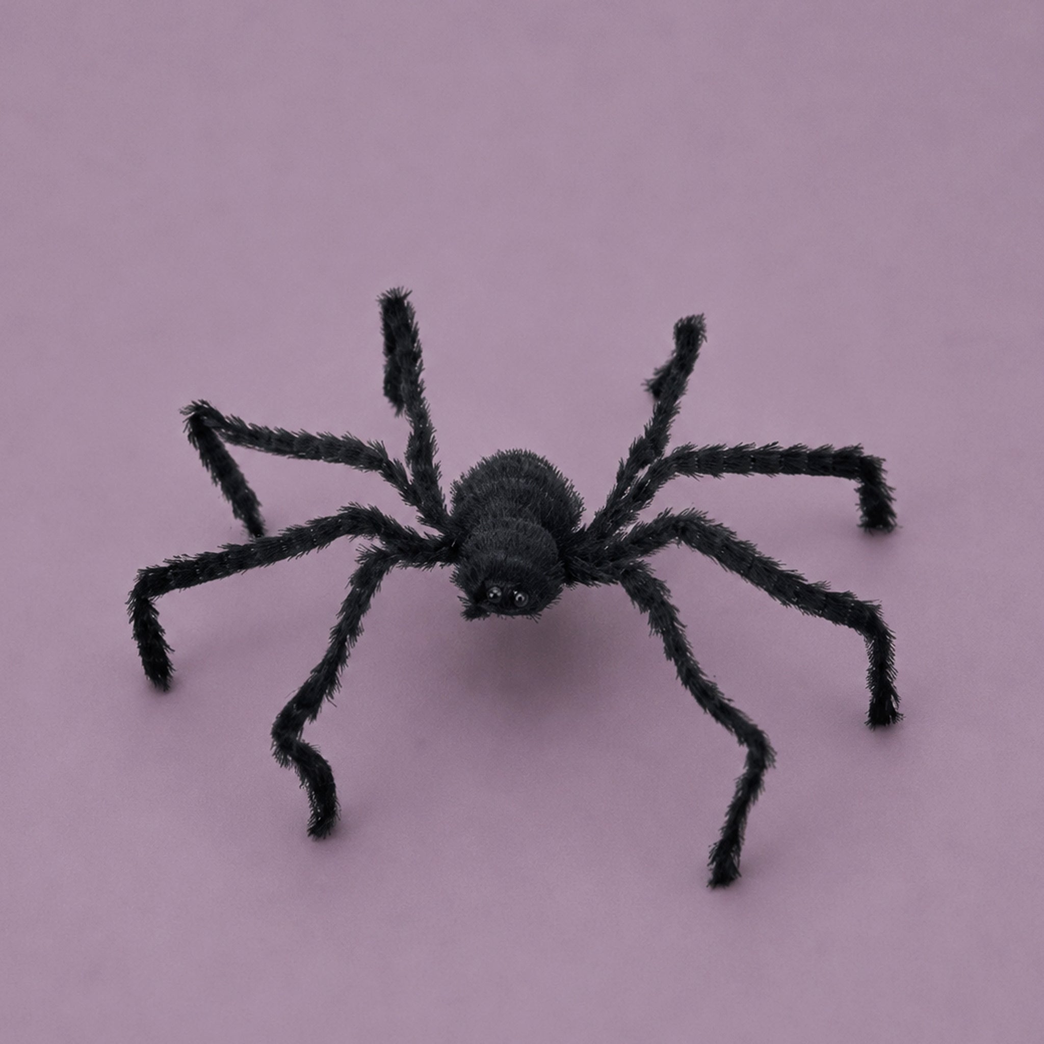 A black fuzzy spider decoration placed on a solid light purple background.