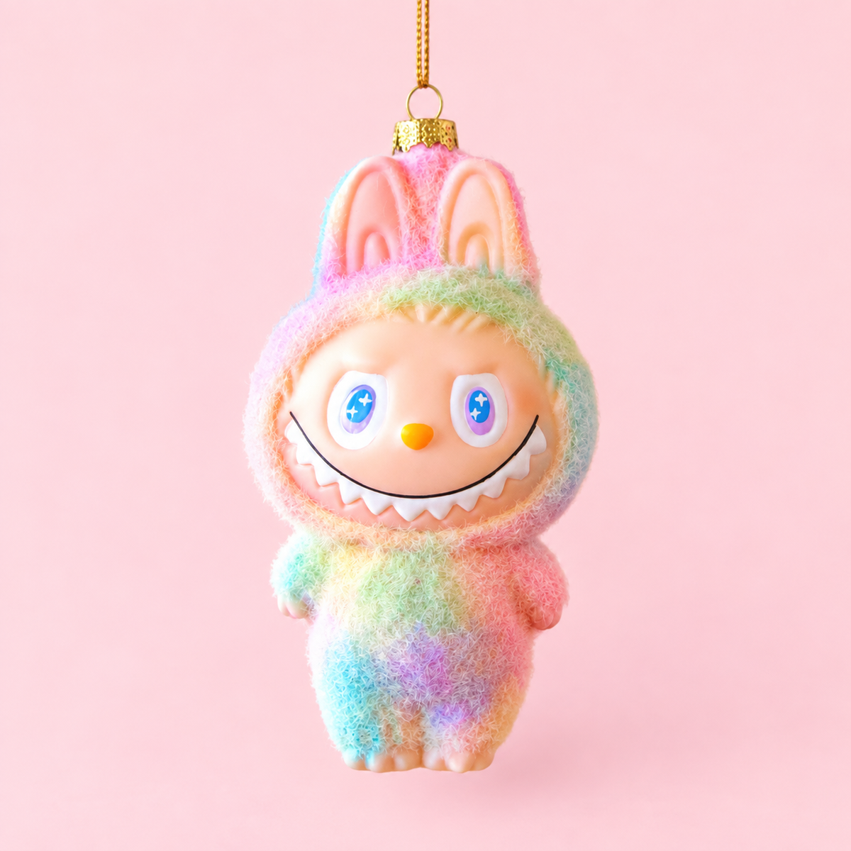 A rainbow fuzzy labubu shaped ornament. 