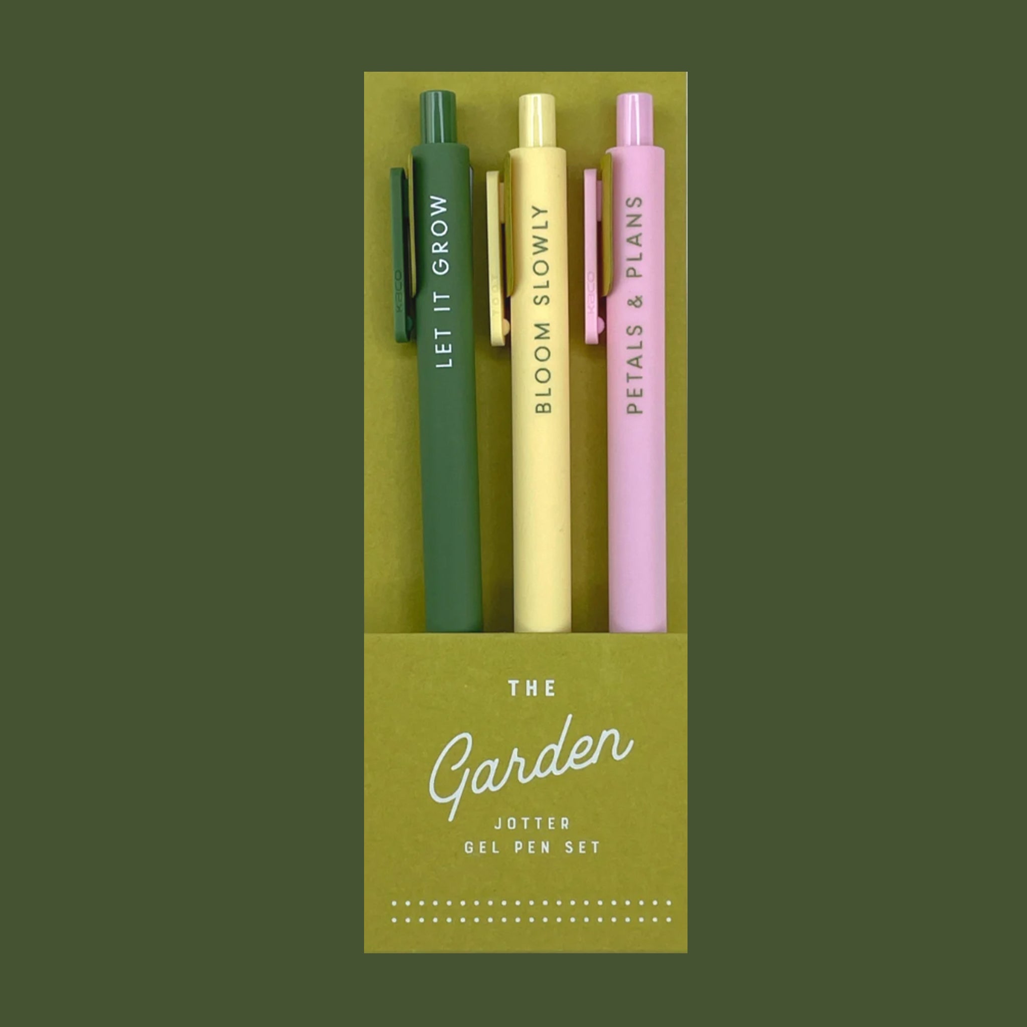 A set of three pens with garden related phrases on each one. "Let it Grow", "Bloom Slowly", "Petals & Plans". 