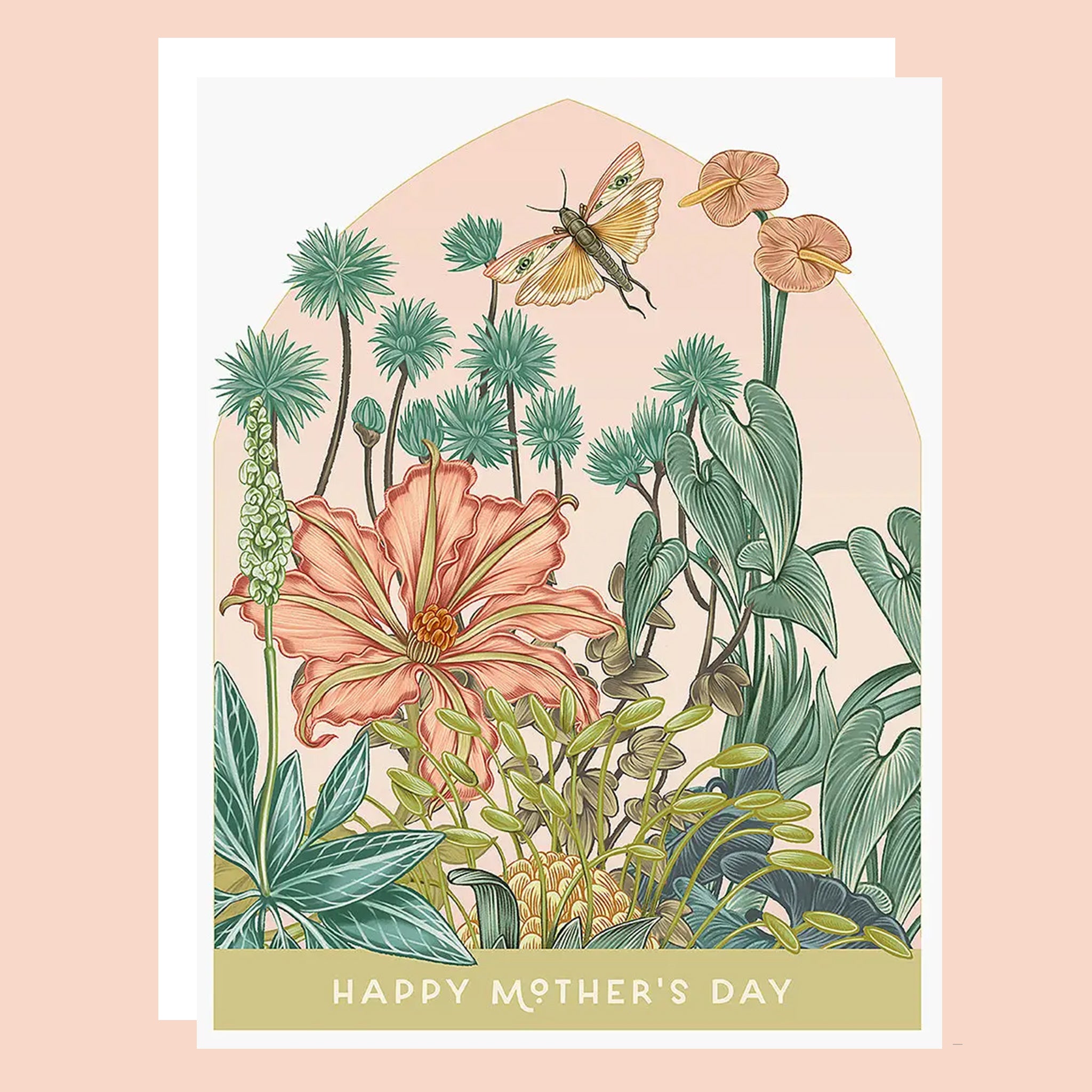 Greeting card with flowers, plants and a moth. The card reads "Happy Mother's Day".