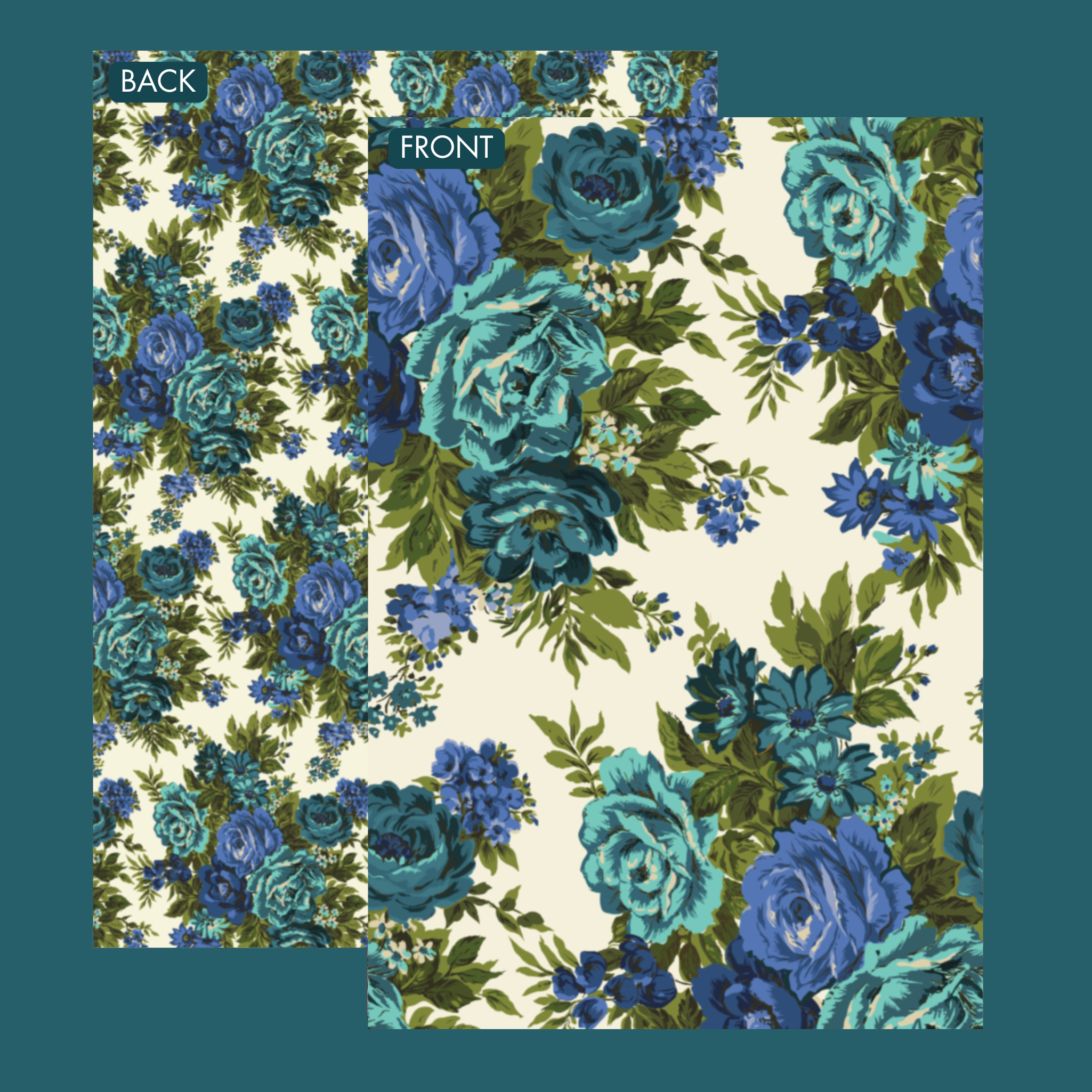 A double sided blue floral print wrapping paper front and back of sheet.