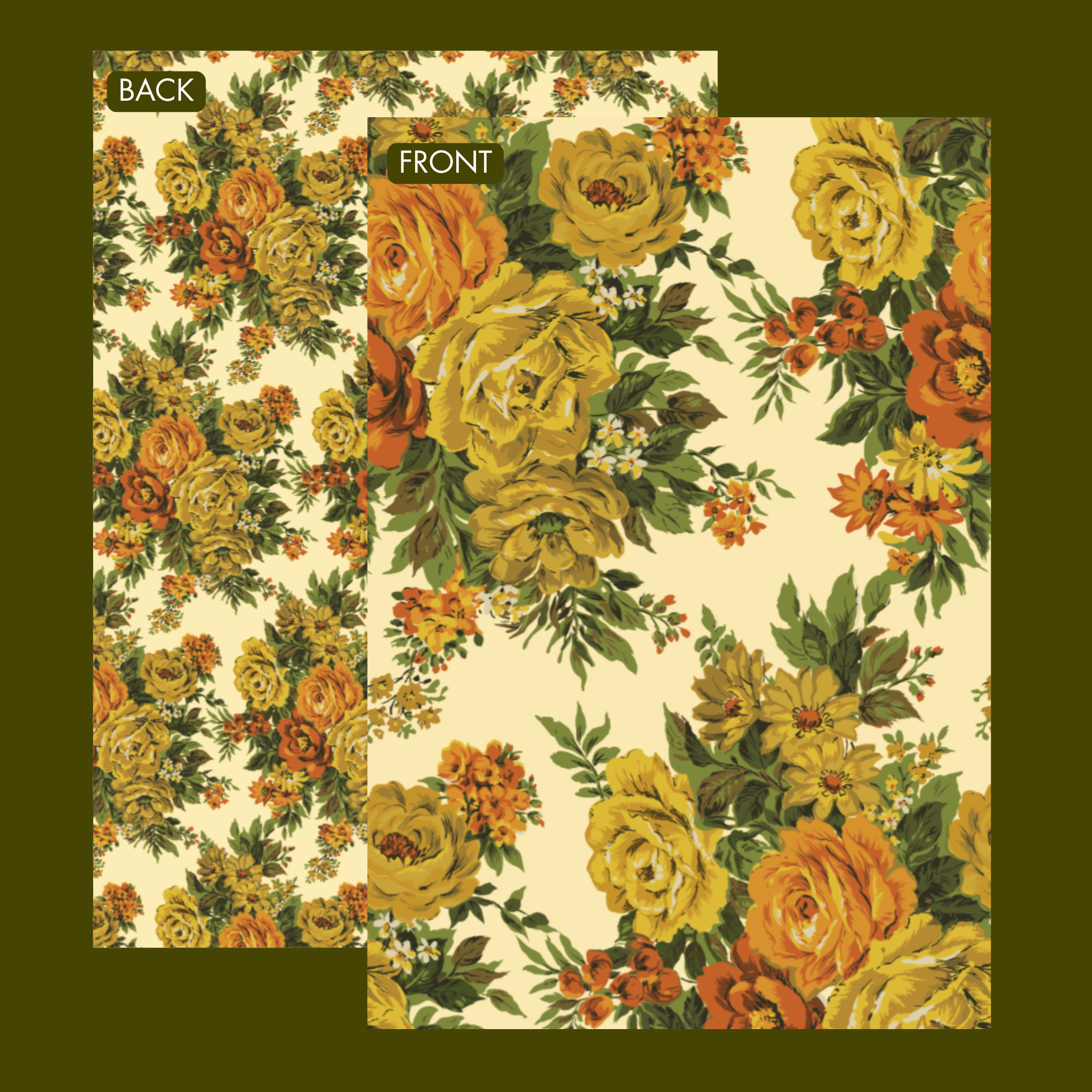 A double sided yellow floral print wrapping paper front and back of sheet.