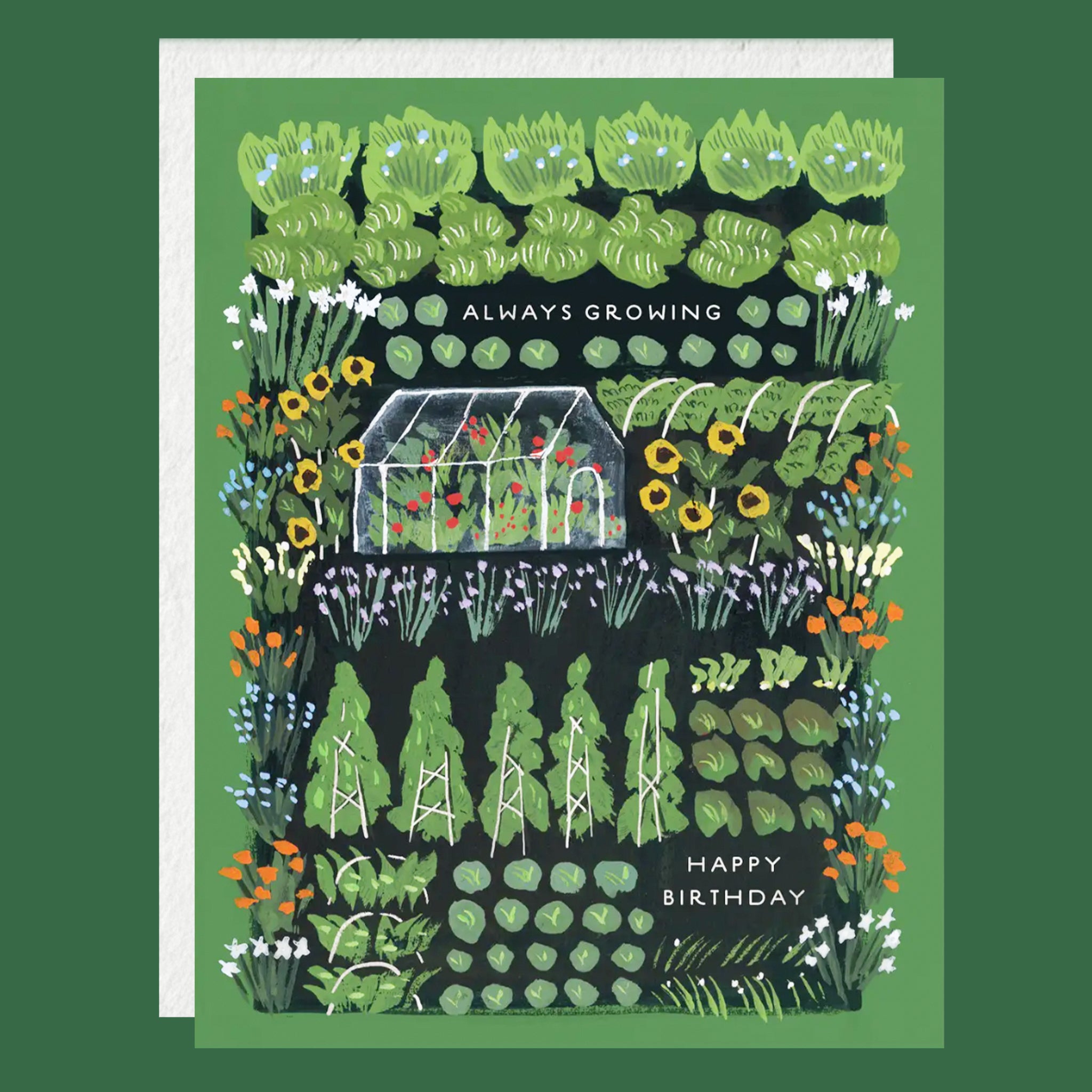 A square birthday card featuring a colorful illustrated garden scene with a small greenhouse, leafy greens, flowers, and the words 'ALWAYS GROWING' and 'HAPPY BIRTHDAY.' The card is shown standing against a dark green background with a white envelope behind it.
