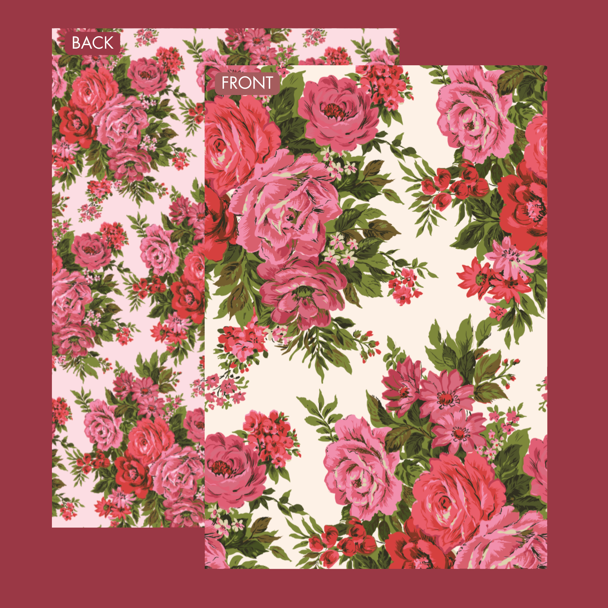 The front and back side of a vintage floral printed wrapping paper with pink roses.