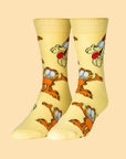 On a yellow background is a yellow pair of socks with a garfield print. 