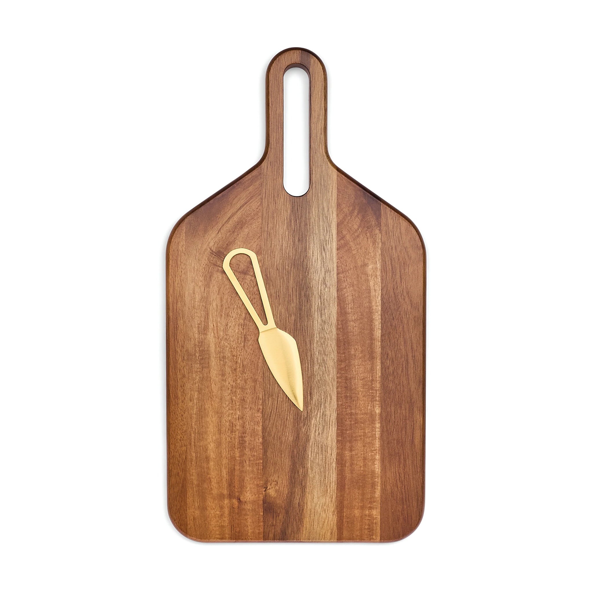 A wood cutting board / cheese board and a gold knife. 