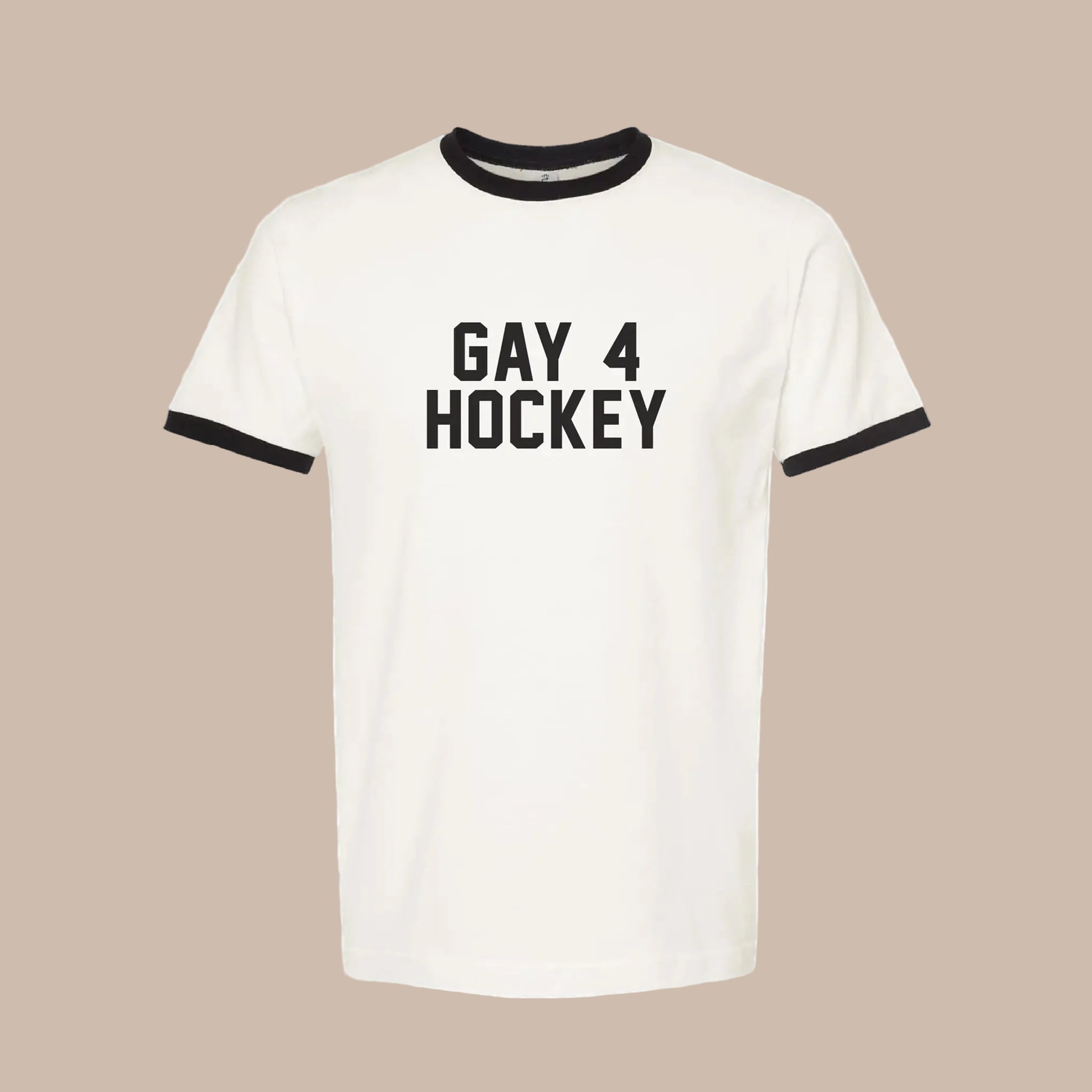A white short sleeve t-shirt with black piping around the neckline and arms and black text that reads, "Gay 4 Hockey". 