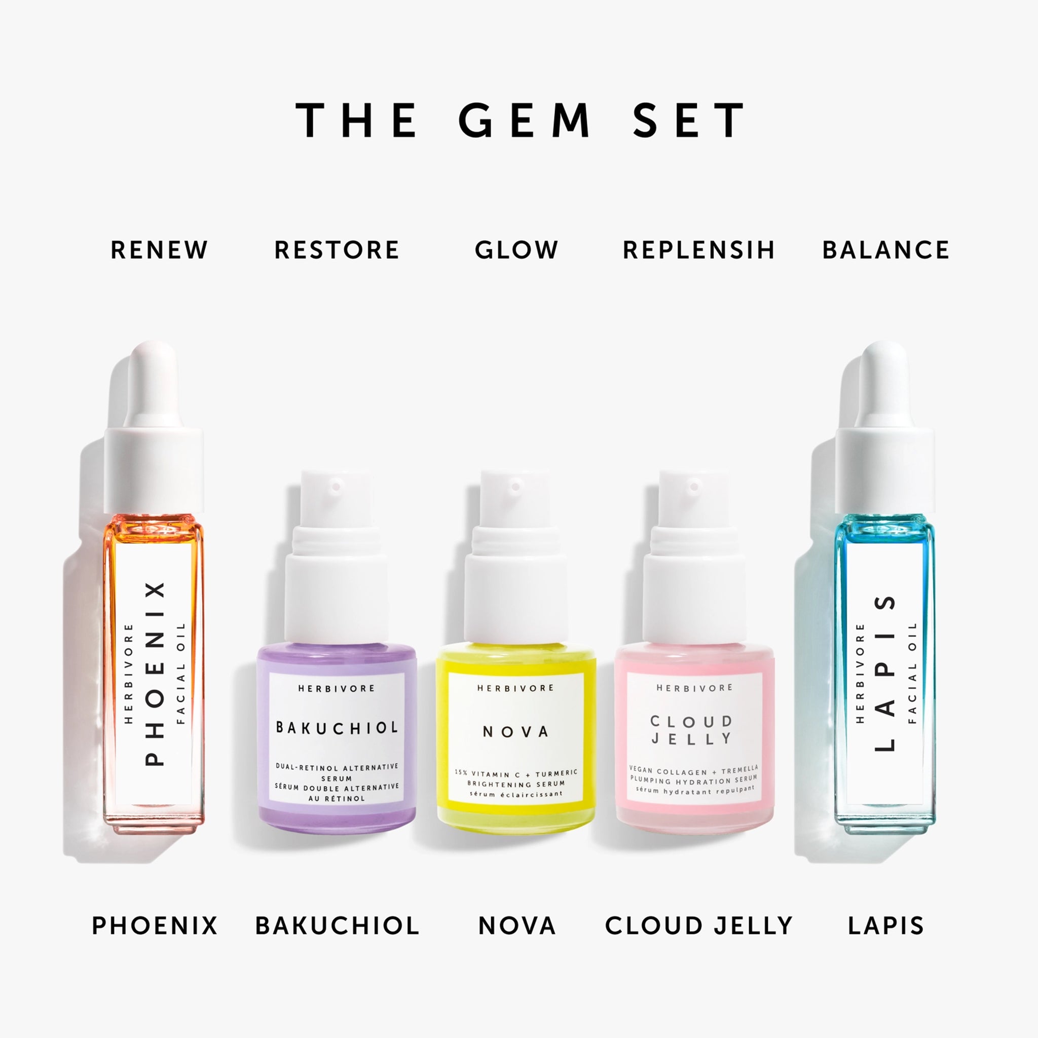 &quot;The Gem Set Renew Restore Glow Replenish Balance&quot;. 