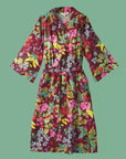 Brick red robe with colorful floral print.
