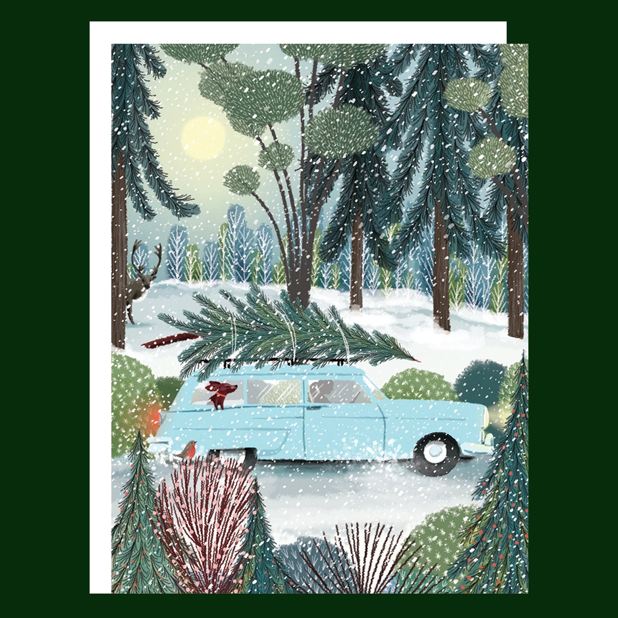 A holiday card with an illustration of a snowy tree lined street and a blue car driving with a Christmas tree strapped to the top. 