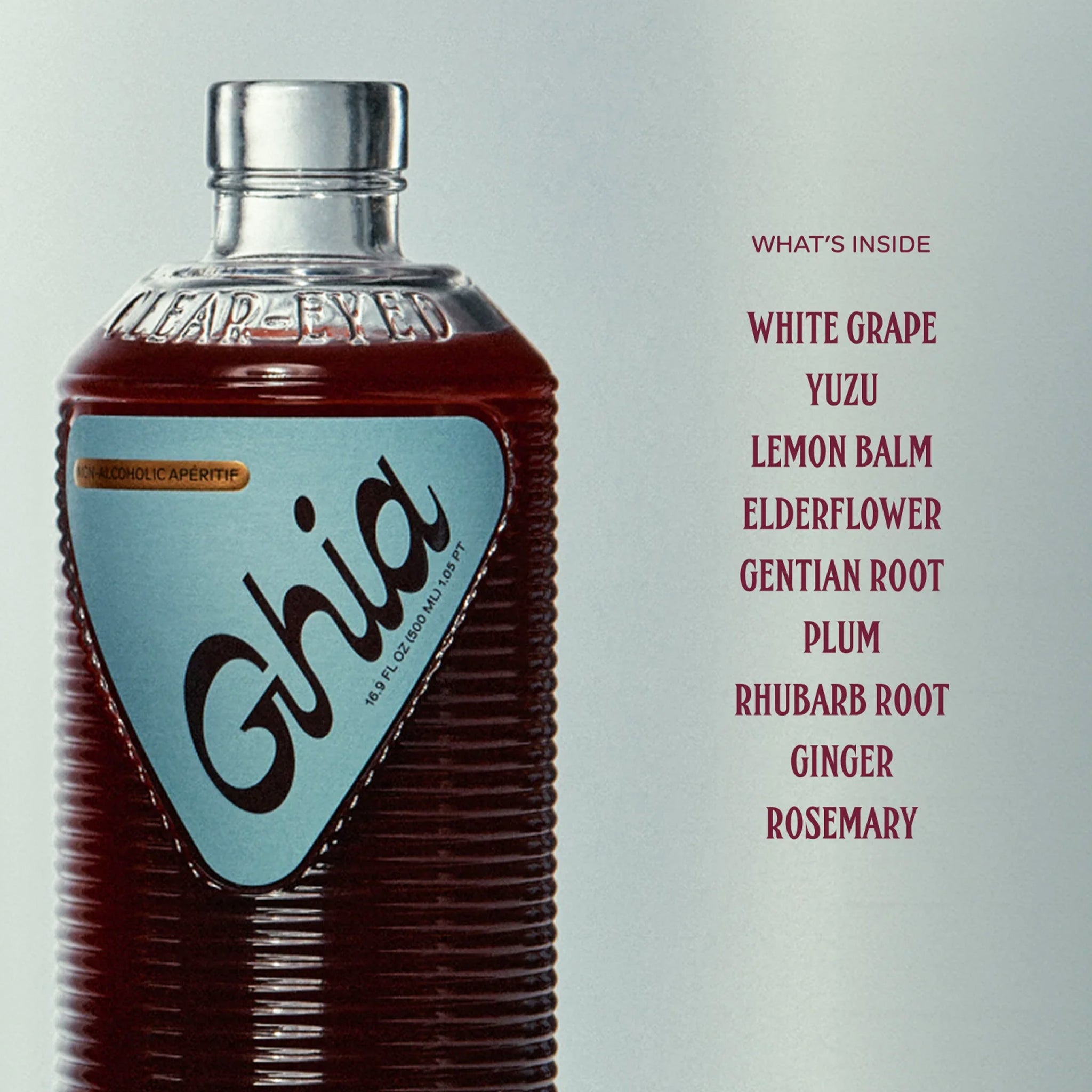 A bottle of apertif with a label that reads, "Ghia". 