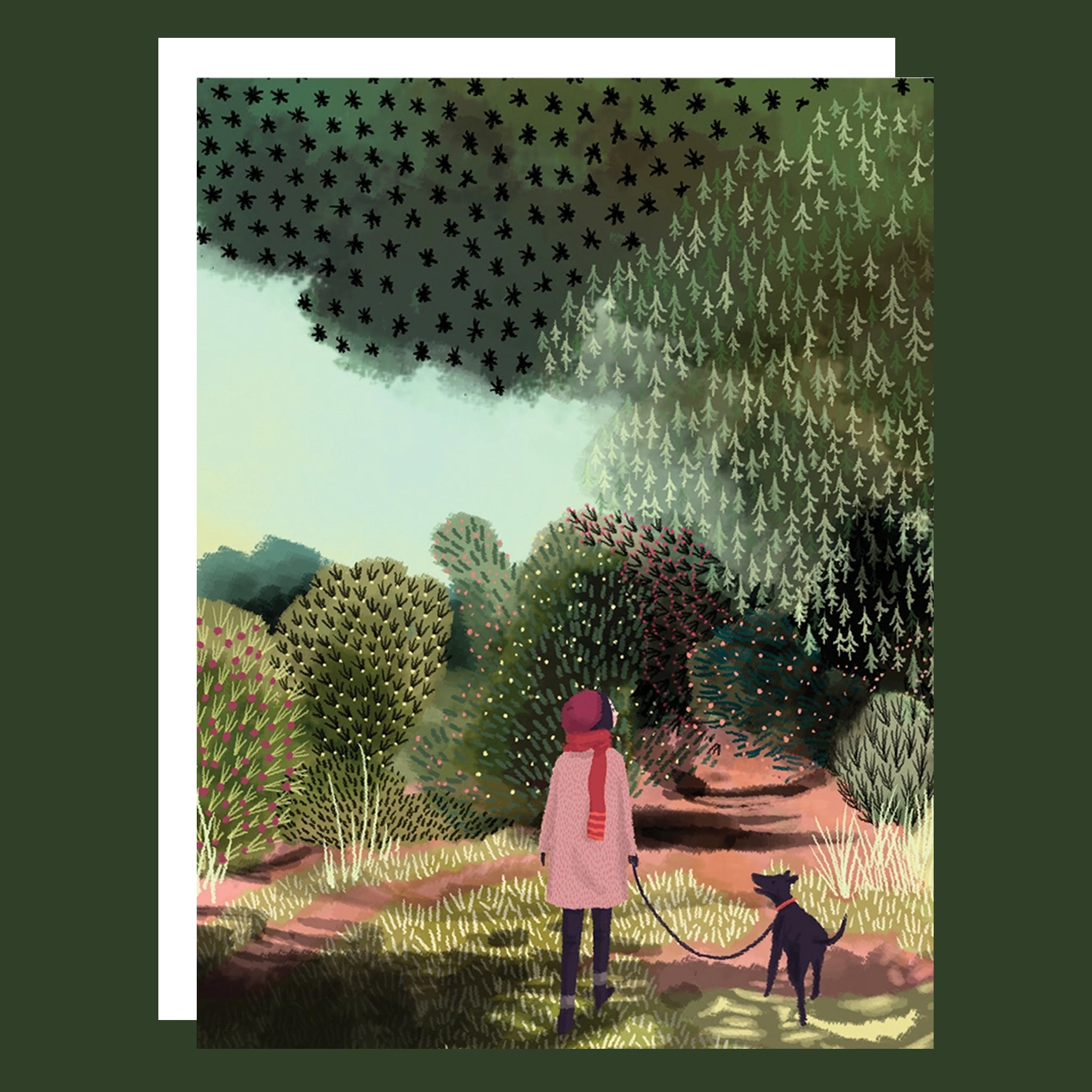 Greeting card of a girl in a long pink coat and a red scarf walking her dog in a garden. 