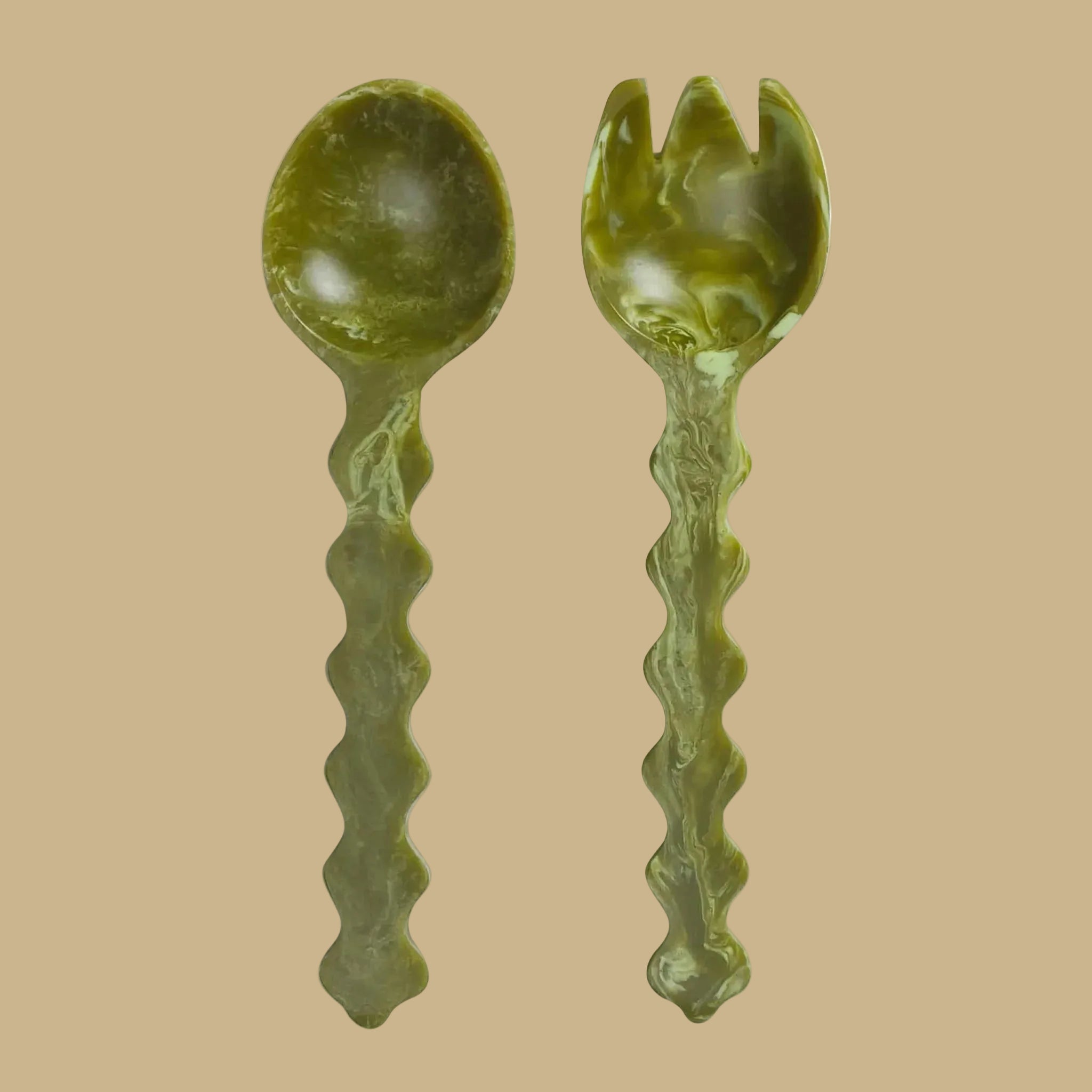 green wavy handle salad serving spoons. 