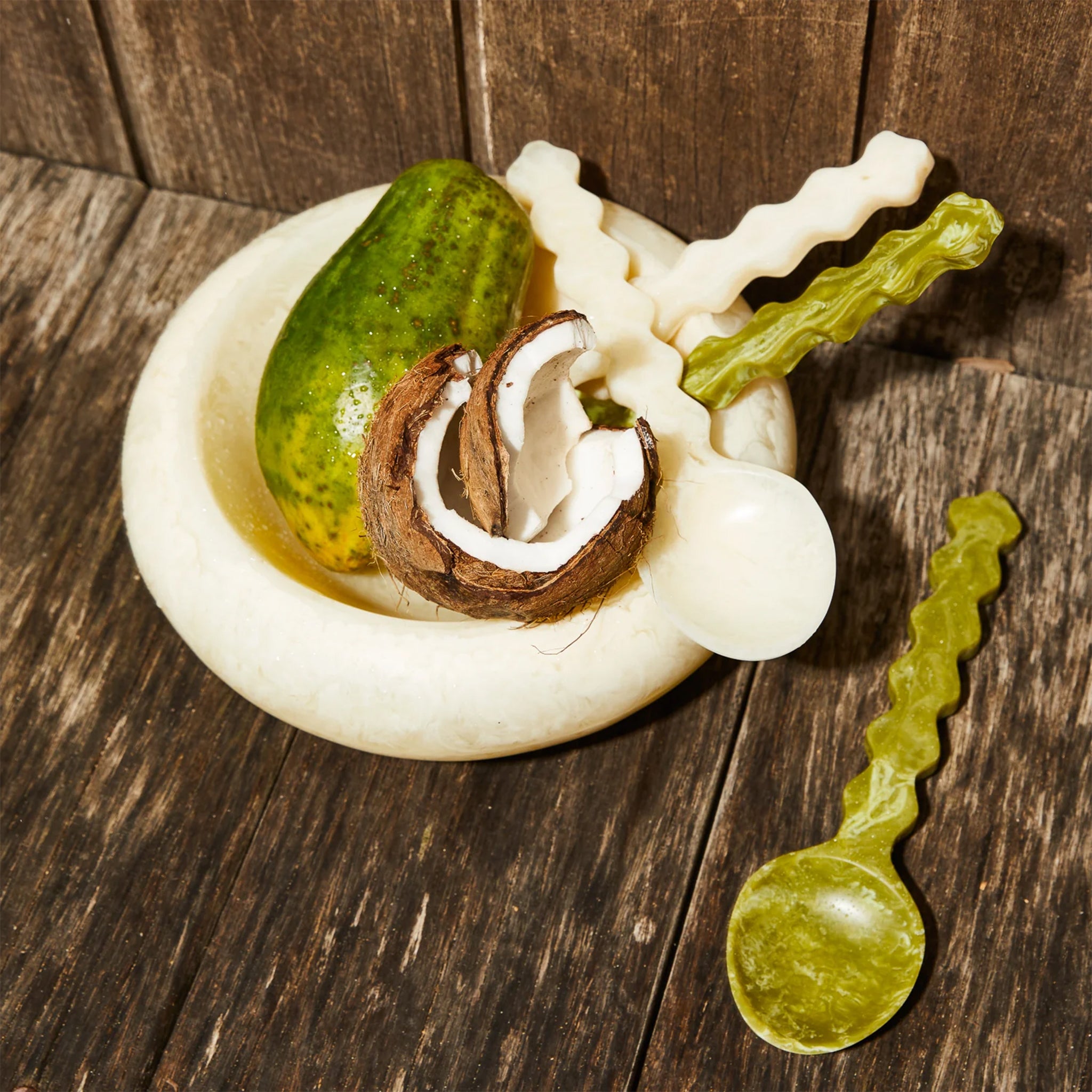 green wavy handle salad serving spoons. 