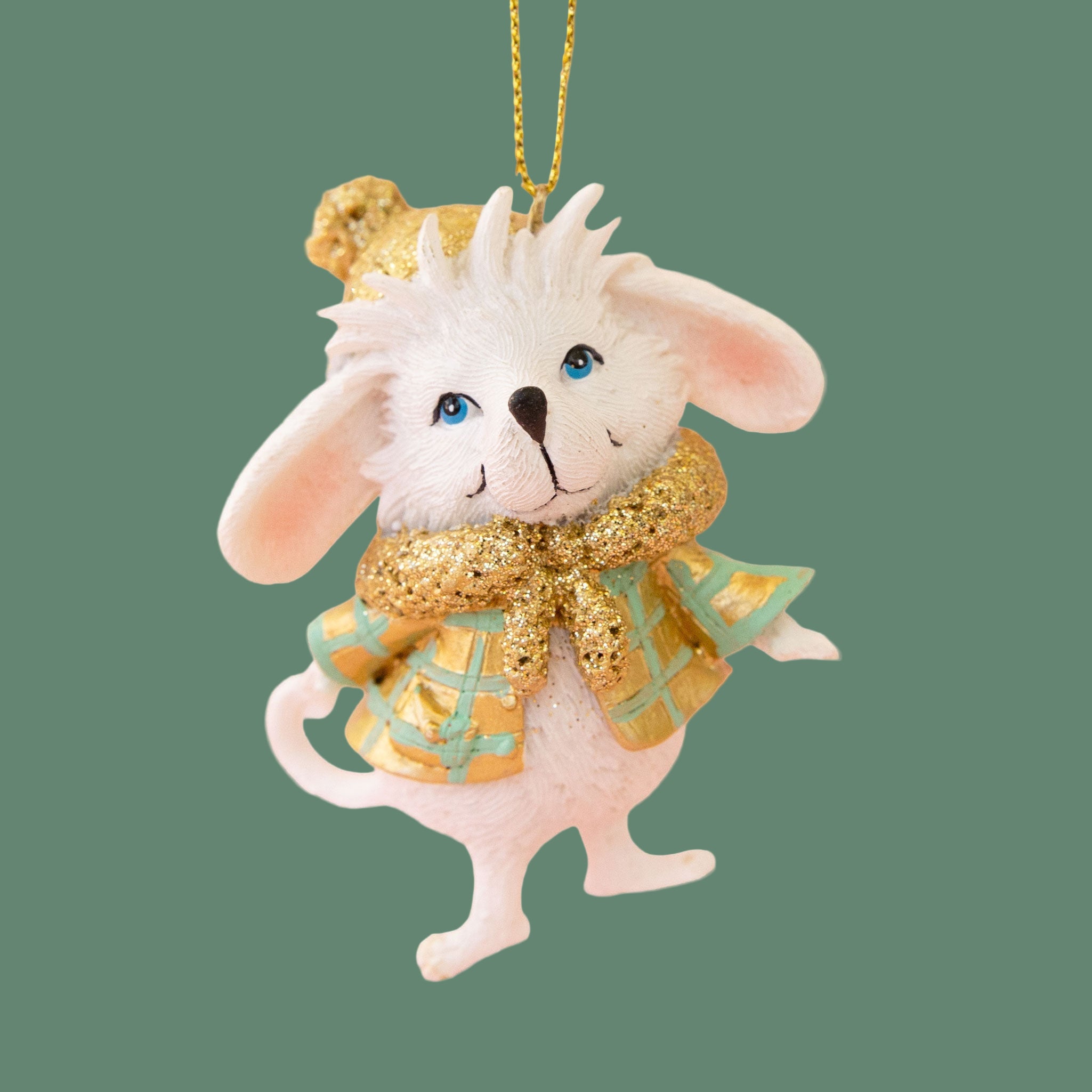 Standing mouse ornament with white fur, gold clothes and teal accents. 