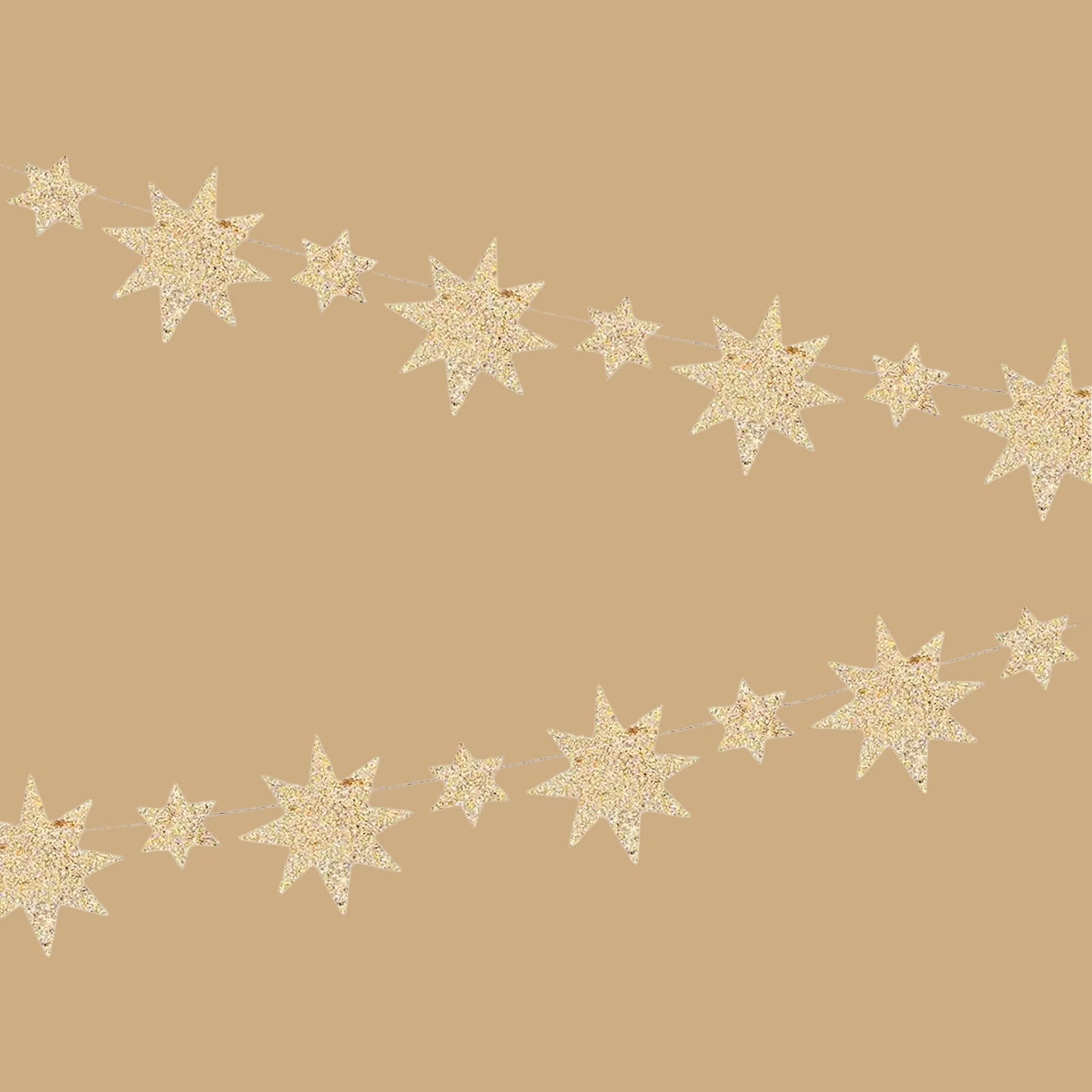 A garland in the shape of gold glitter stars that are two different shapes. 